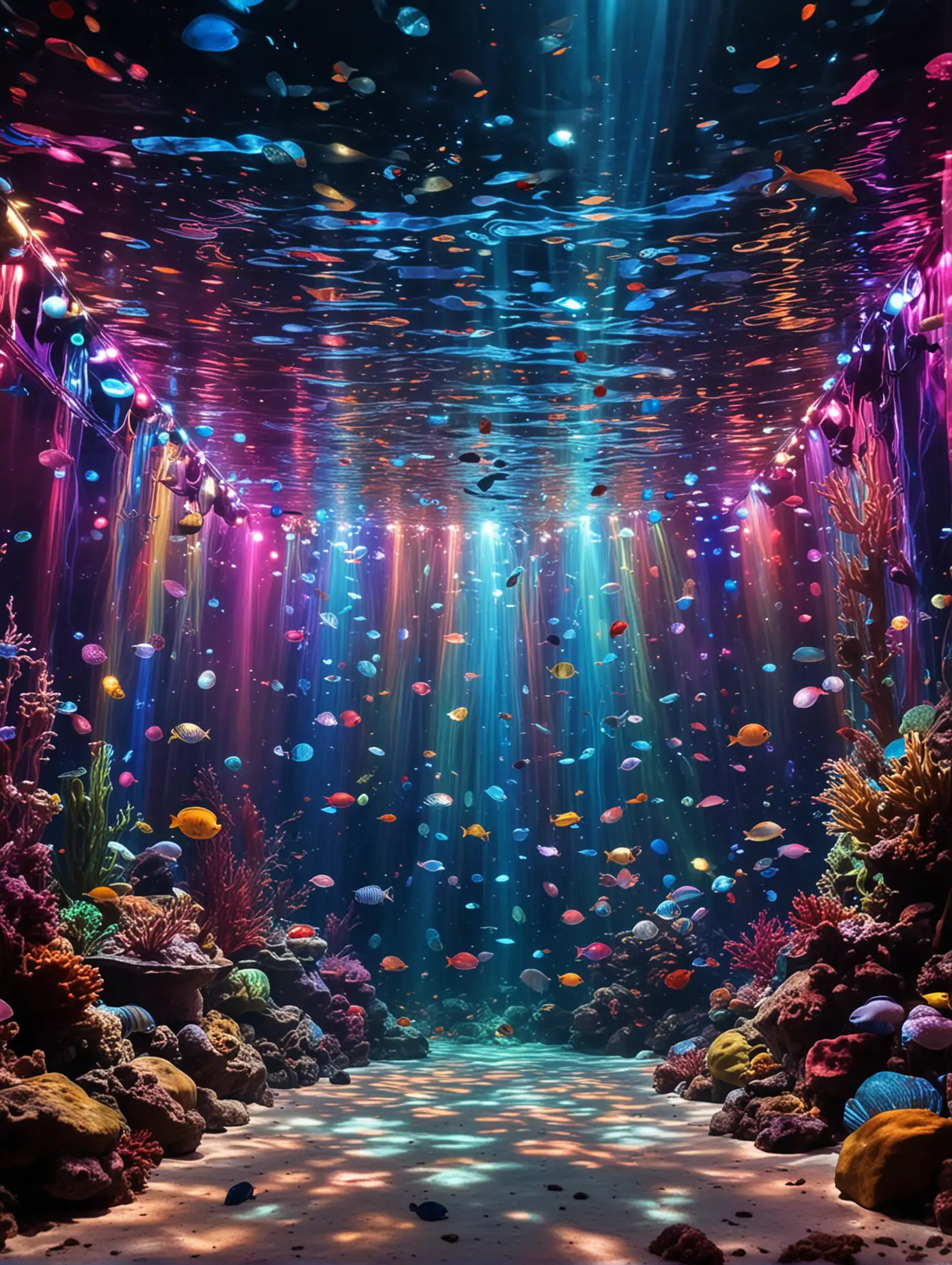 Vibrant Underwater Disco Scene with Sparkling Sealife and Multicolored Lights