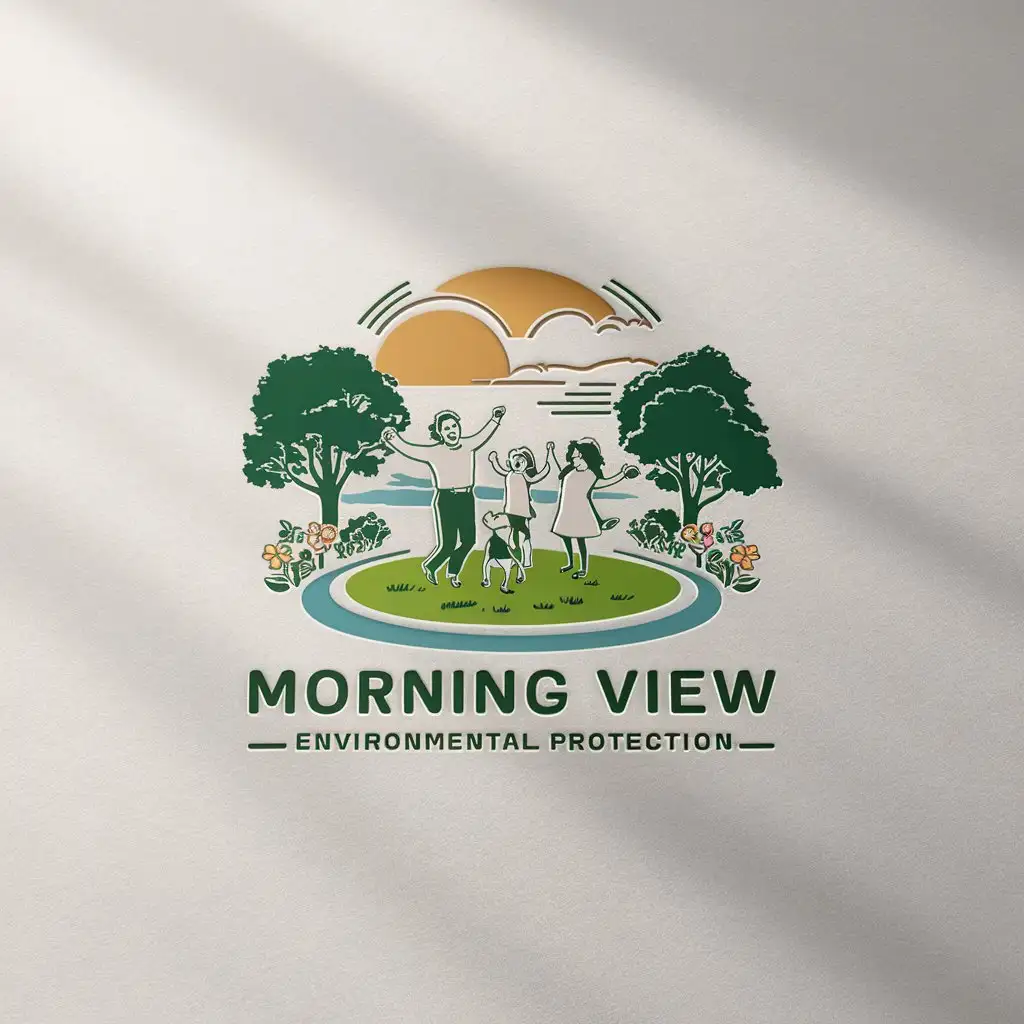 a logo design,with the text "Morning View Environmental Protection", main symbol:A family of three and a dog dancing on the grass lawn surrounded by trees and flowers, with a big sun in the background and a river around.,Minimalistic,clear background