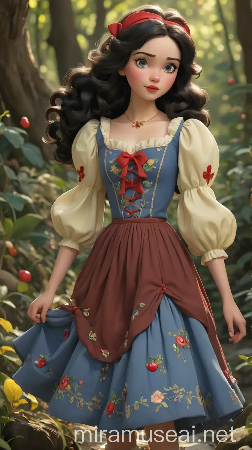 A Teenage Princess Snow White, with her porcelain skin and rosy cheeks, has flowing ebony locks cascading down her back in loose waves. Her eyes, the color of rich chocolate, hold a sparkle of innocence and curiosity. Her outfit is a fusion of 2020s cottagecore and vintagecore aesthetics, with a touch of princesscore flair. She wears a lightweight blue blouse with puffy sleeves, paired with a high-waisted yellow skirt adorned with intricate floral embroidery. On her feet, The Girl wears classic Mary Jane shoes in vibrant red, adorned with small bows. Her accessories include a pendant necklace featuring a tiny apple charm, a nod to her iconic story, and a red floral headband intertwined with ribbons, adding a whimsical touch to her ensemble. Despite her princess-like appearance, The Girl's outfit is practical and allows her to move freely, whether she's attending school or exploring the enchanting forest surrounding her home. With her fairy-tale vibes and vibrant color scheme, Arielle truly embodies the spirit of a modern-day Snow White. 