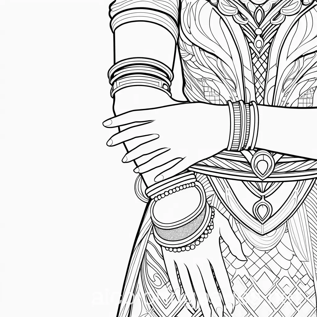 black and white picture with princess's hands with rings and bracelets, Coloring Page, black and white, line art, white background, Simplicity, Ample White Space. The background of the coloring page is plain white to make it easy for young children to color within the lines. The outlines of all the subjects are easy to distinguish, making it simple for kids to color without too much difficulty