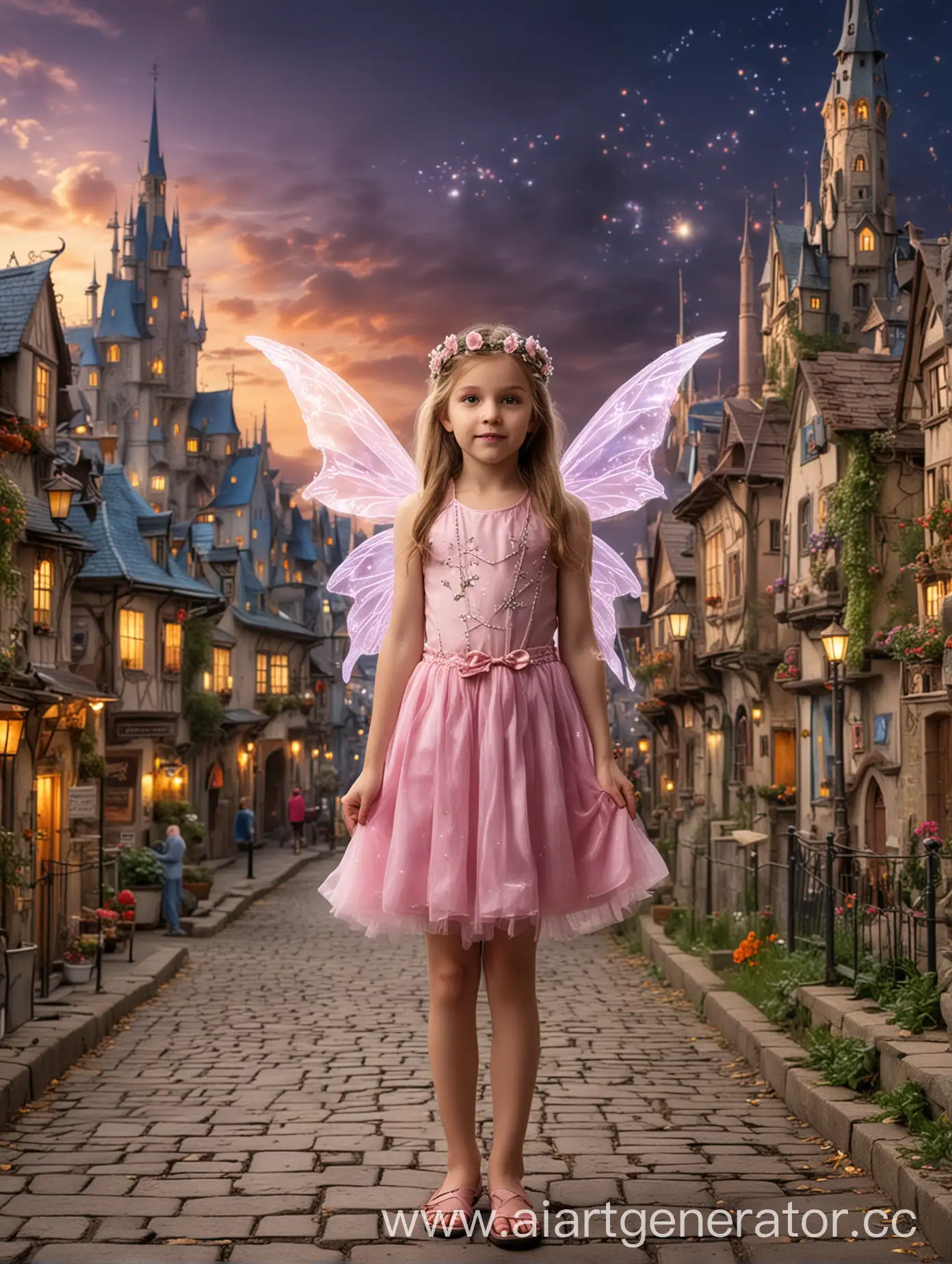 Девятилетняя девочка фея в волшебном городе