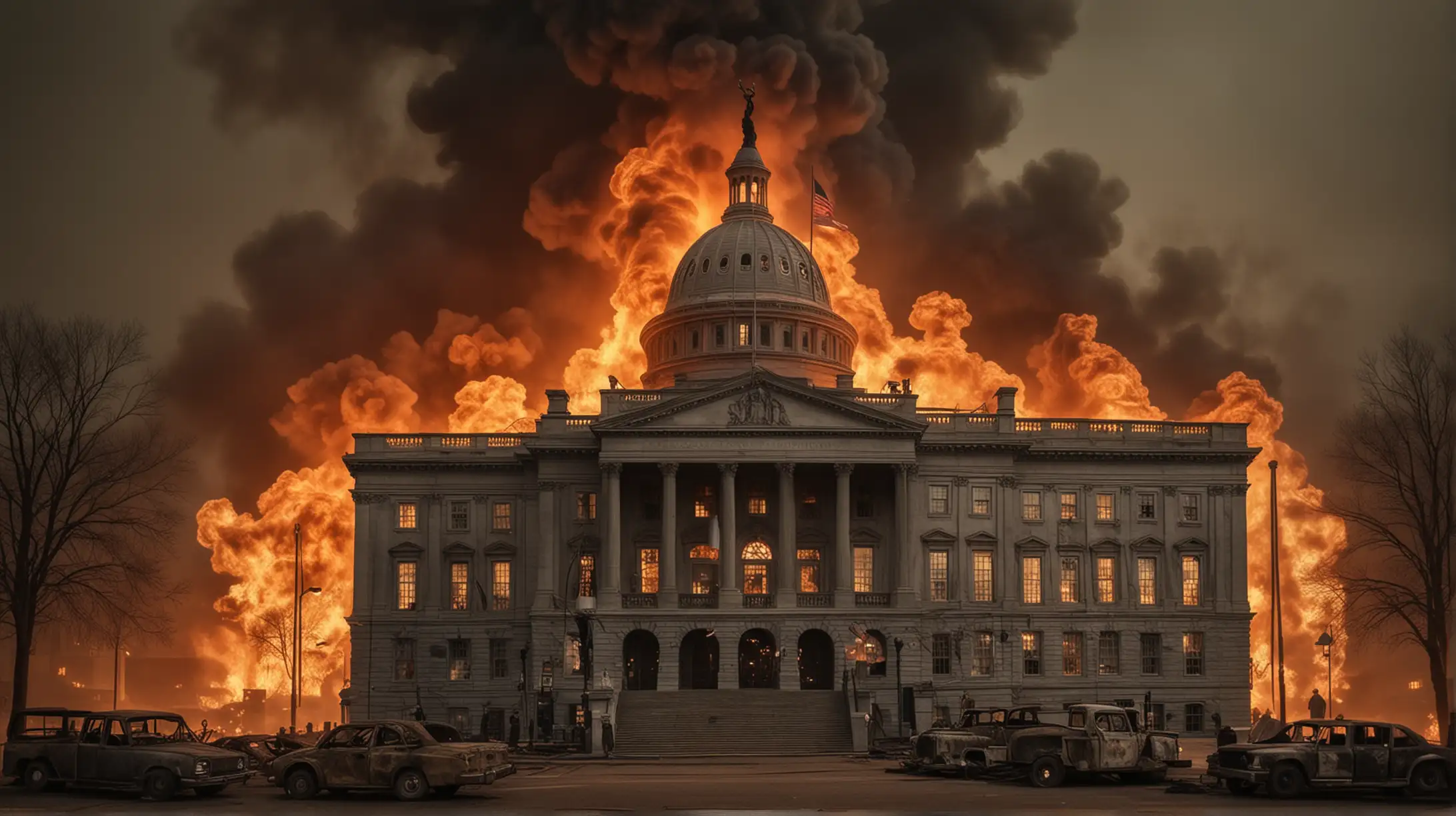 US state house on fire, depicting economy and oil crisis in very dark smokey background that looks like a crisis