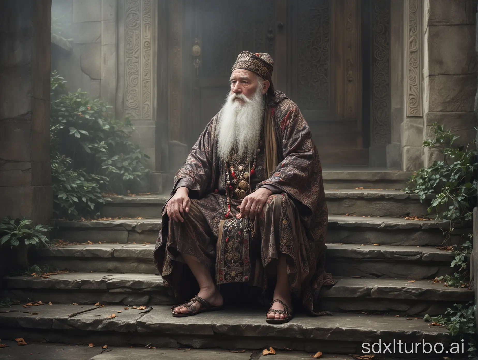 The image depicts an older man with a long white beard, sitting on stone steps that lead up to a grand doorway. He is dressed in what appears to be historical or fantasy attire, wearing a robe with intricate patterns and holding a staff. His posture suggests contemplation or waiting. The setting is foggy and the lighting subdued, creating an atmosphere of mystery or anticipation.