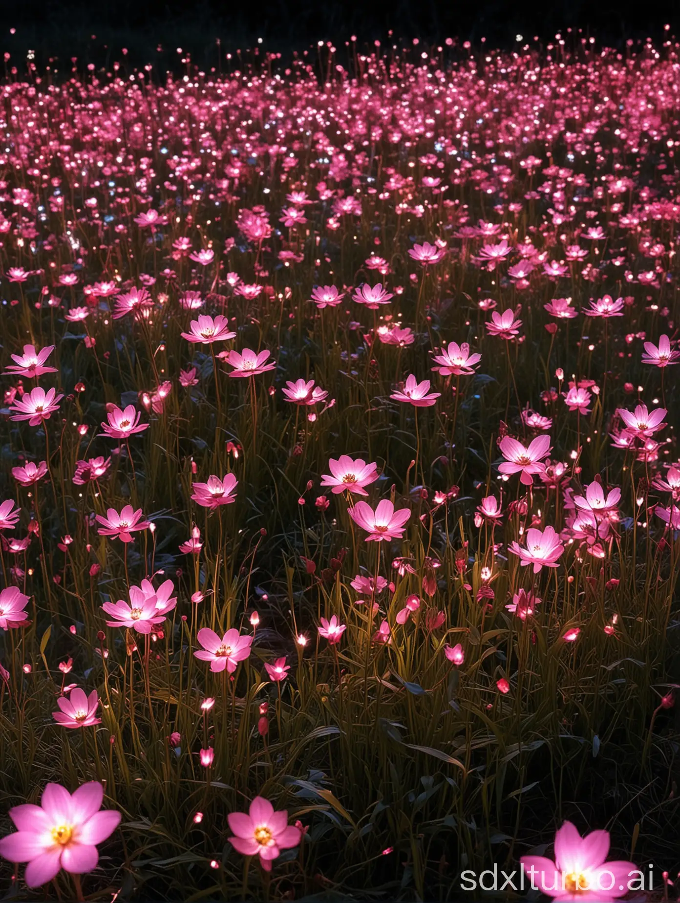 there are many pink flowers that are growing in the grass, digital art by Bruce Munro, tumblr, interactive art, glowing flowers, field of flowers at night, surreal waiizi flowers, luminous flowers, rose pink lighting, soft bloom lighting, beautiful lit, field of pink flowers, lights with bloom, scattered glowing pink fireflies, beautiful glowing lights, field of fantasy flowers