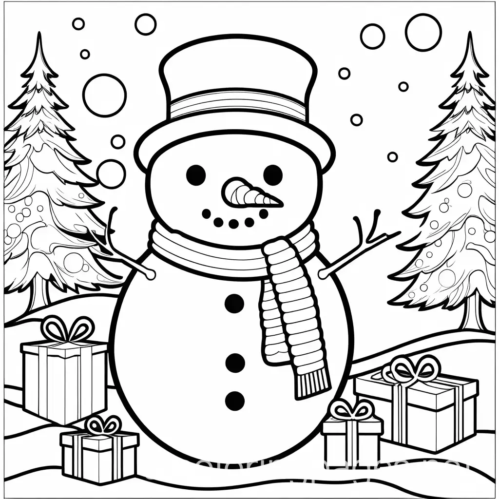 a cute snowman with gifts and a beautiful background black and white for coloring book, Coloring Page, black and white, line art, white background, Simplicity, Ample White Space. The background of the coloring page is plain white to make it easy for young children to color within the lines. The outlines of all the subjects are easy to distinguish, making it simple for kids to color without too much difficulty