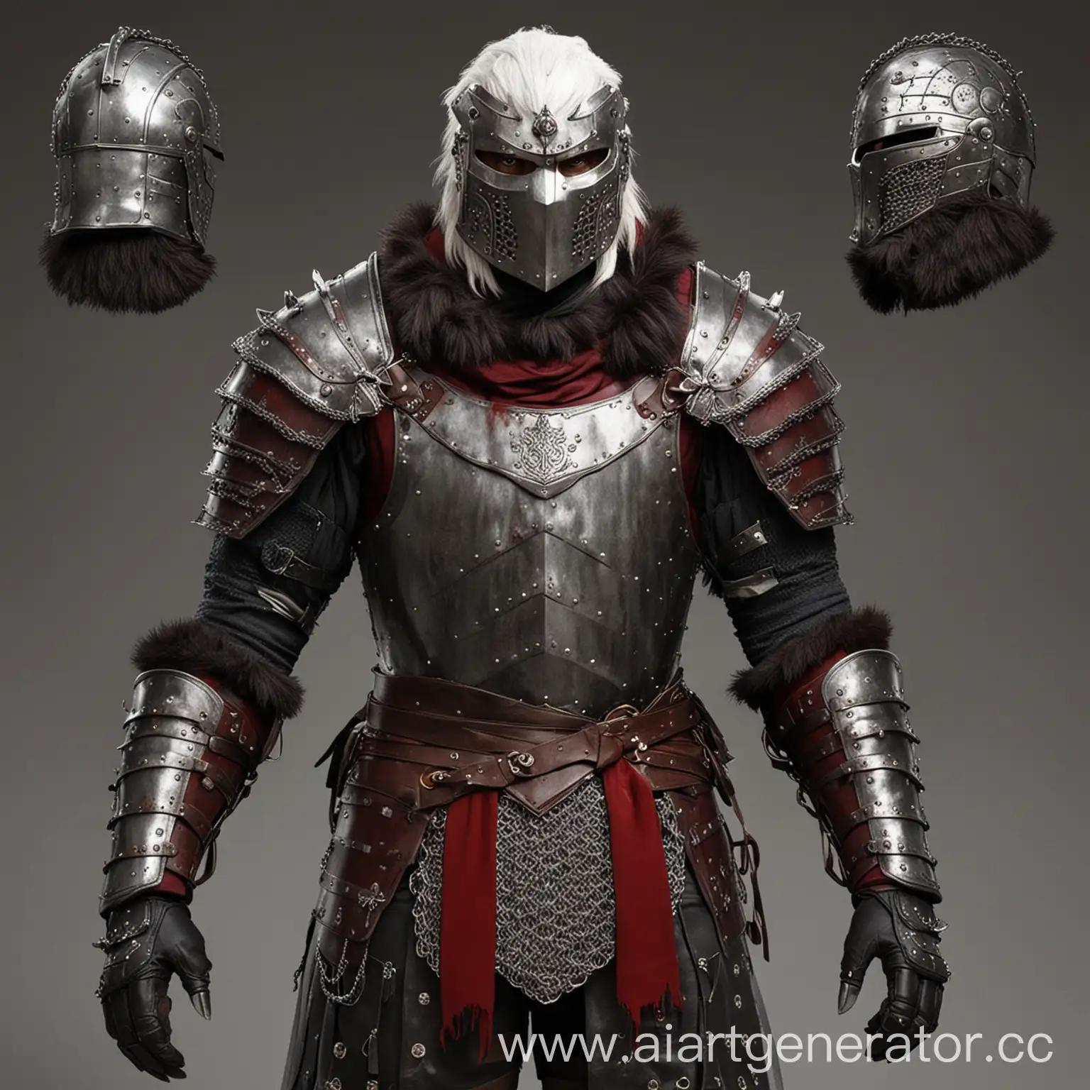 Your armor is called the "Blood Wolf Set", it is a helmet with an iron chainmail mask and a white mane on the back of your head, chain mail and a dark scarlet tunic under it, dark gray knight's plate greaves and knight's plate bracers, shoulder pads with slightly wolf fur