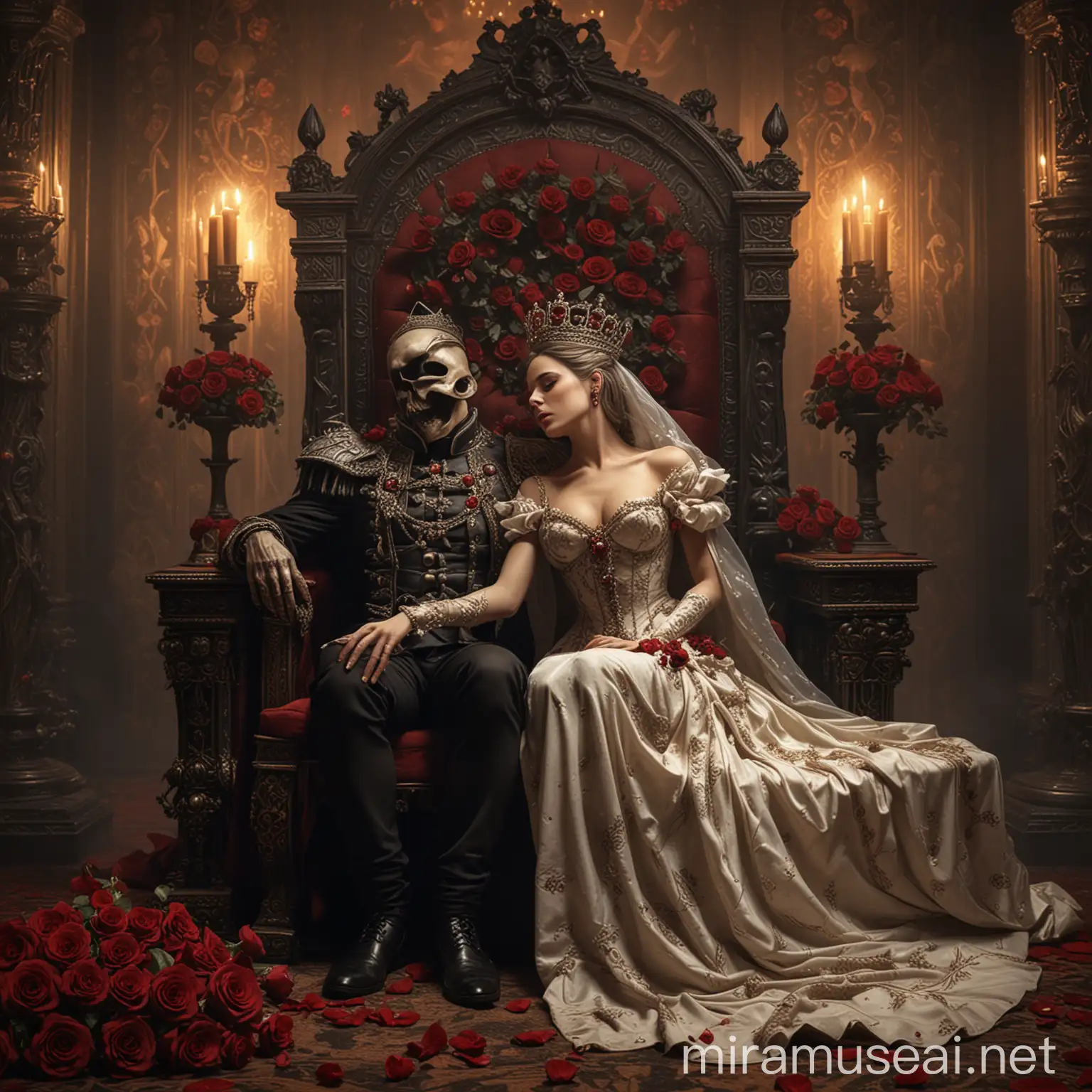 A stunningly beautiful queen sitting on her throne ( a male servant sittng kissing her feet and worshipping her)),  Full body, extremely detailed, realalistic, soft lighting, skulls.and roses around the throne