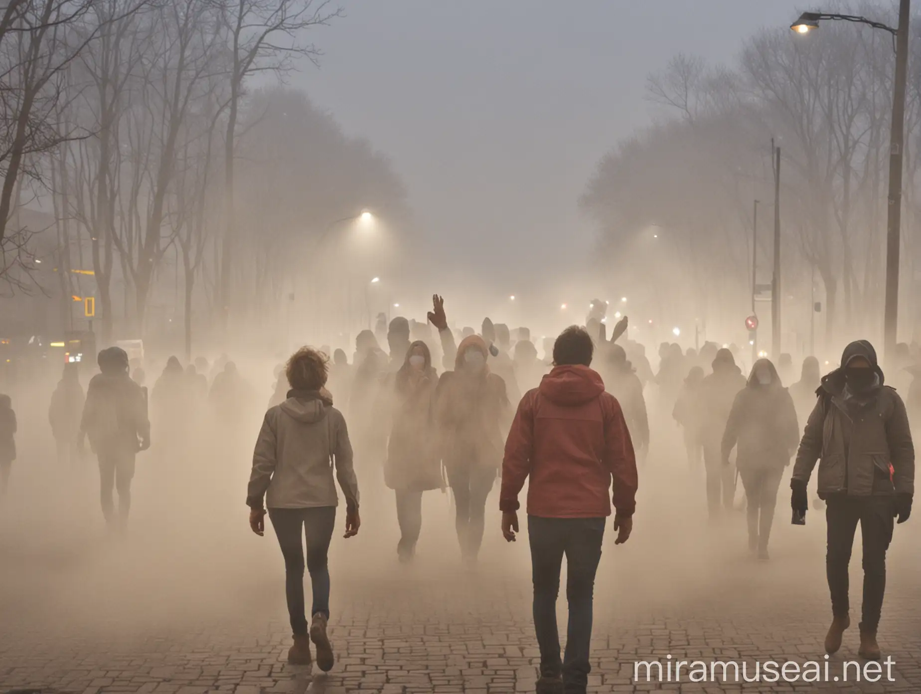 Des manifestants pris de panique qui se font entourés par de la brume brune