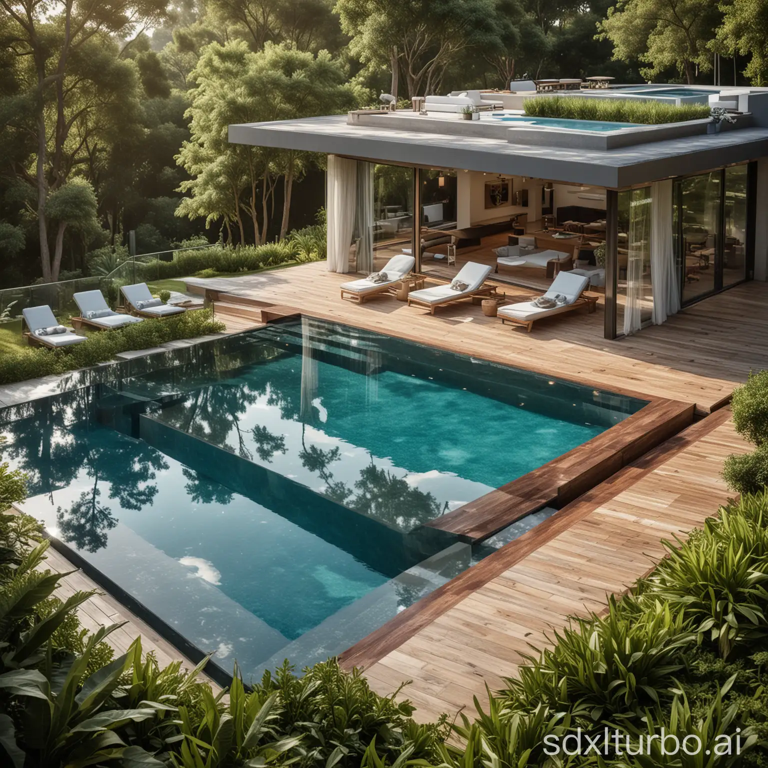 Ultra-realistic image of a luxurious villa with a stunning swimming pool. The villa features modern architecture with large glass windows that offer a panoramic view of the surrounding landscape. The pool, with crystal-clear blue water, is surrounded by a sleek wooden deck and comfortable lounge chairs. Lush greenery and meticulously landscaped gardens provide a serene and private atmosphere. The villa's exterior is adorned with elegant lighting, and the interior glimpses show sophisticated decor and high-end furnishings. The overall scene exudes opulence and tranquility, making it an ideal retreat.