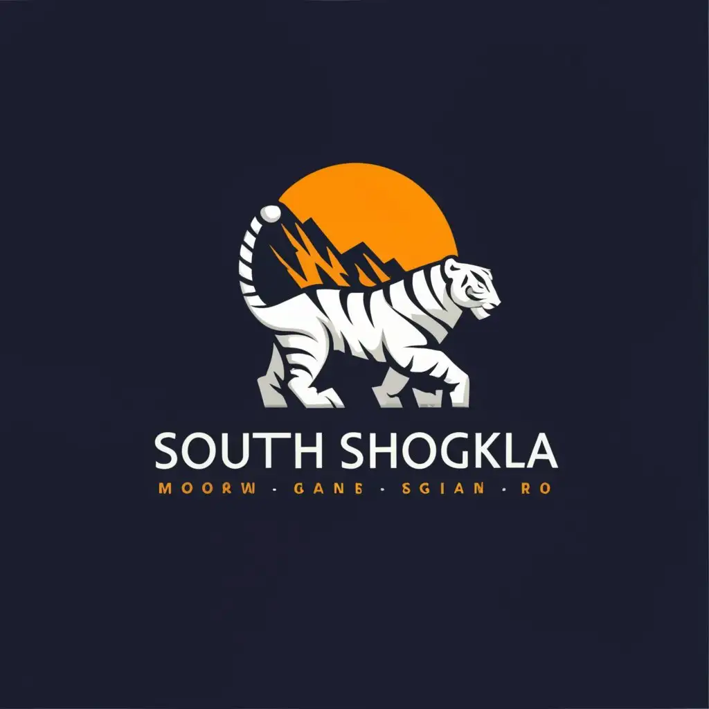 a logo design,with the text "South ShongKla", main symbol:Name : South ShongKla
Main Logo concept : White Tigers
Main Logo color : White
Composite symbols : Mountain 
 Blue Background 
,complex,clear background