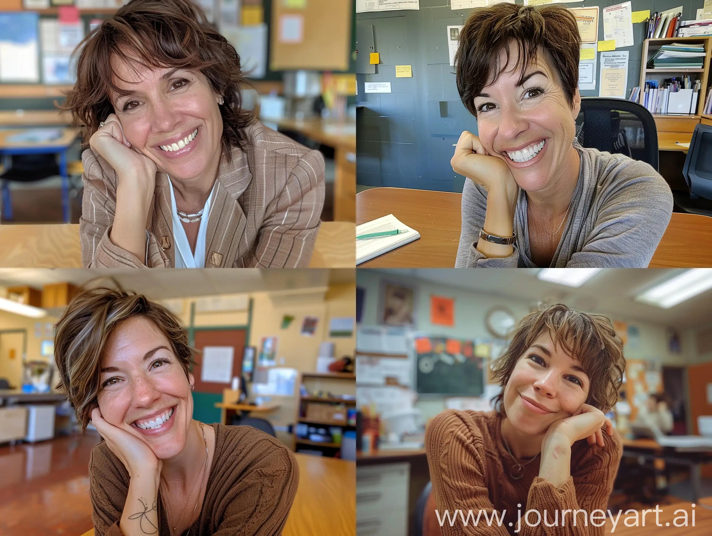 Aesthetic Instagram selfie of a average elementary school teacher with female principal, woman, short full hair, brunette, perfect teeth, at her desk, one hand on face, wedding ring, warm brown tones 