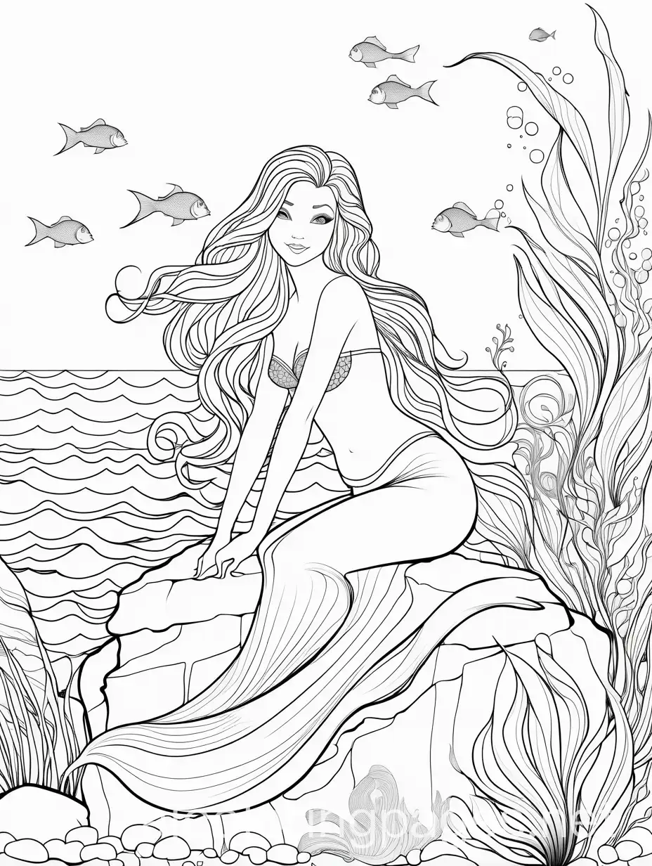 create me a coloring page of A beautiful mermaid sitting on a rock, surrounded by seaweed and small fish it should be simple it's for kids aged 7 years old, Coloring Page, black and white, line art, white background, Simplicity, Ample White Space