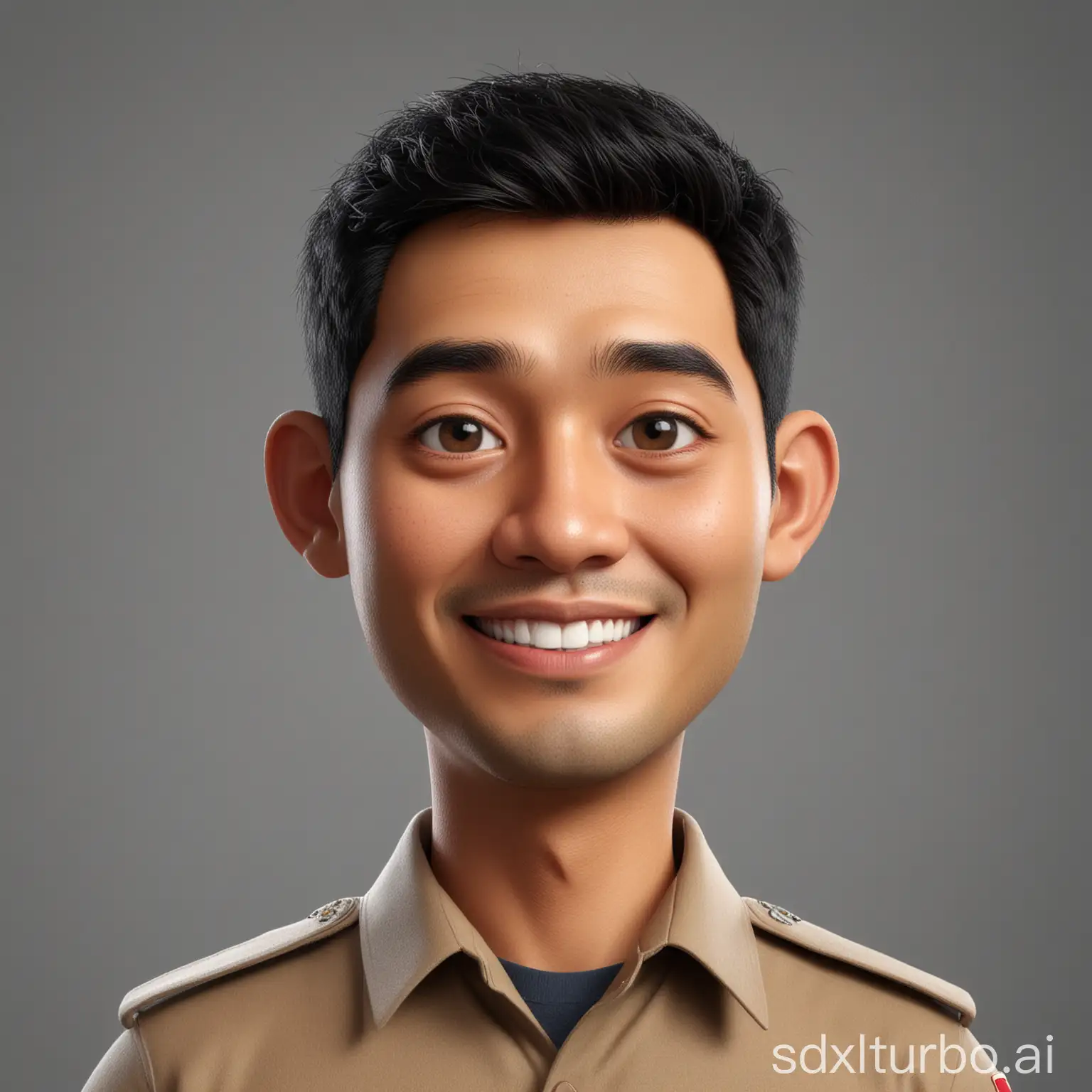 Create a full 3D cartoon style body with a big head. 40 year old Indonesian man, clean face. Ideal height, square face shape. handsome, his eyes are slightly round, his skin is pure white, his smile is thin and sweet. black hair, parted to the side, wearing a light brown government uniform with its emblem. Body position is clearly visible. The background is a solid white neutral color. Use soft photography lighting, hair lighting, top lighting, side lighting. Highest quality photos, Uhd,16k