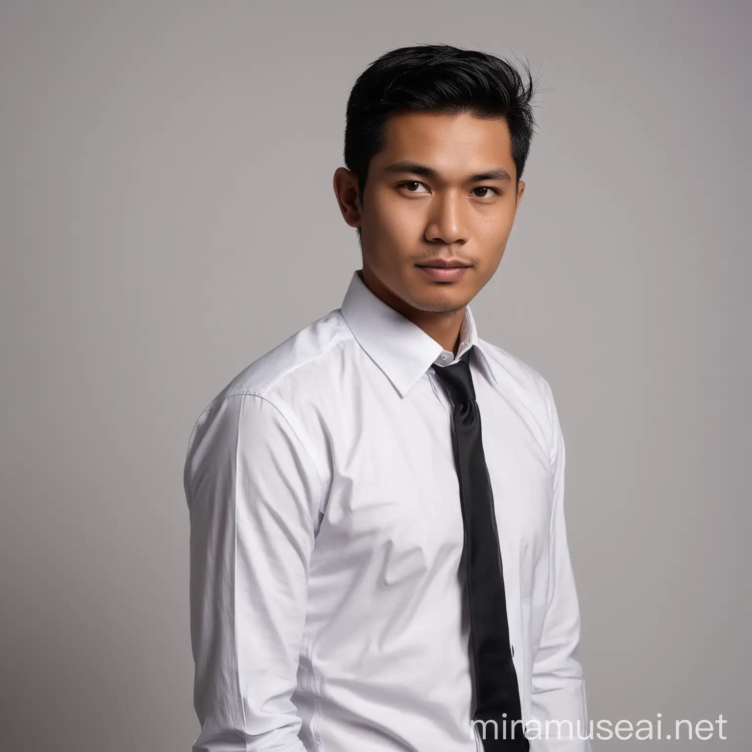 Pas foto formal, laki-laki indonesia usia 30 tahun, rambut pendek rapih, memakai kemeja putih dan dasi warna hitam, pose bada sedikit condong ke bagian kanan, uhd