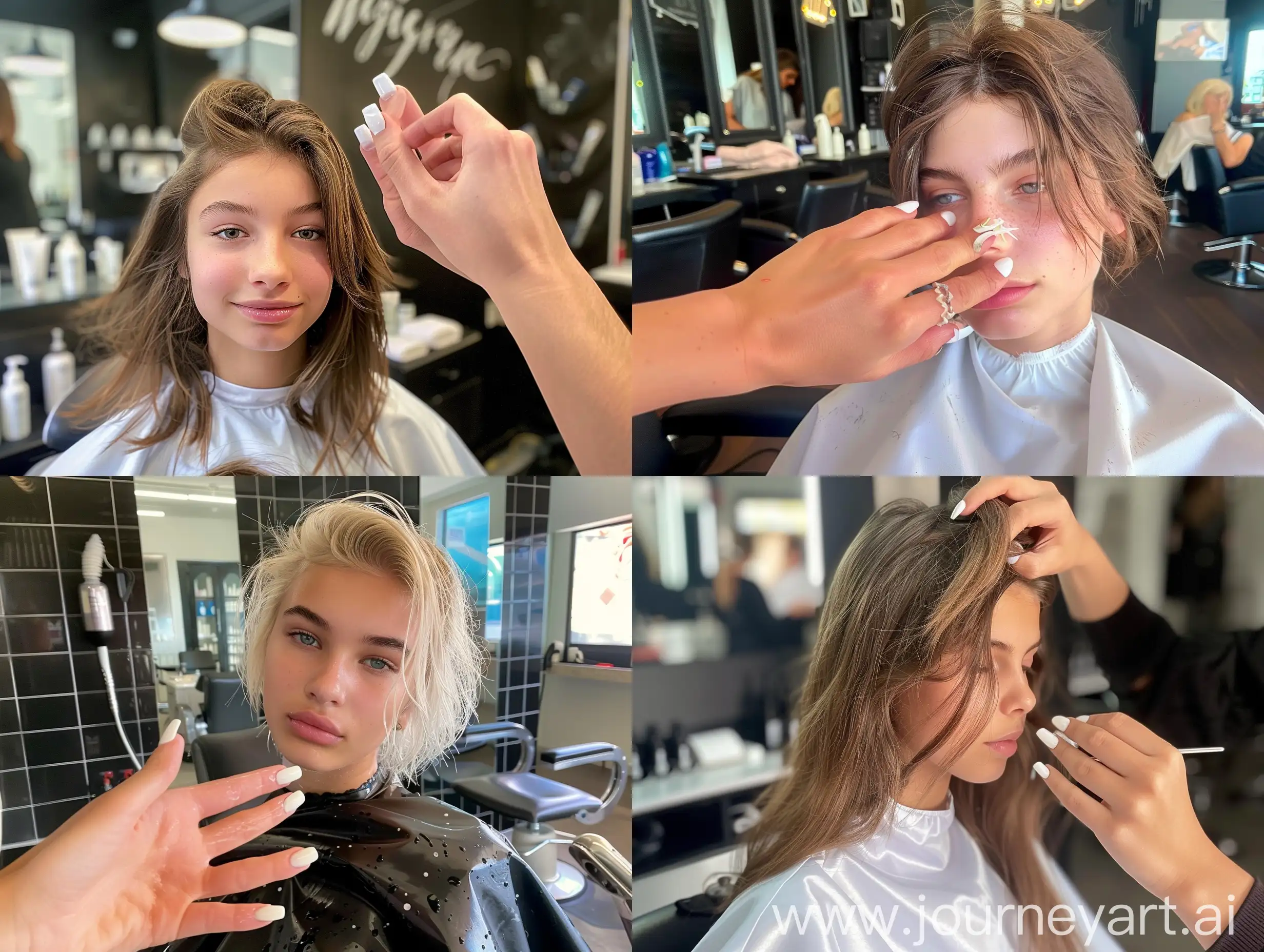 Aesthetic instagram photo of a young super model woman, 16 years old, at the salon, getting hair done, womans hand in view, white gel nail polish
