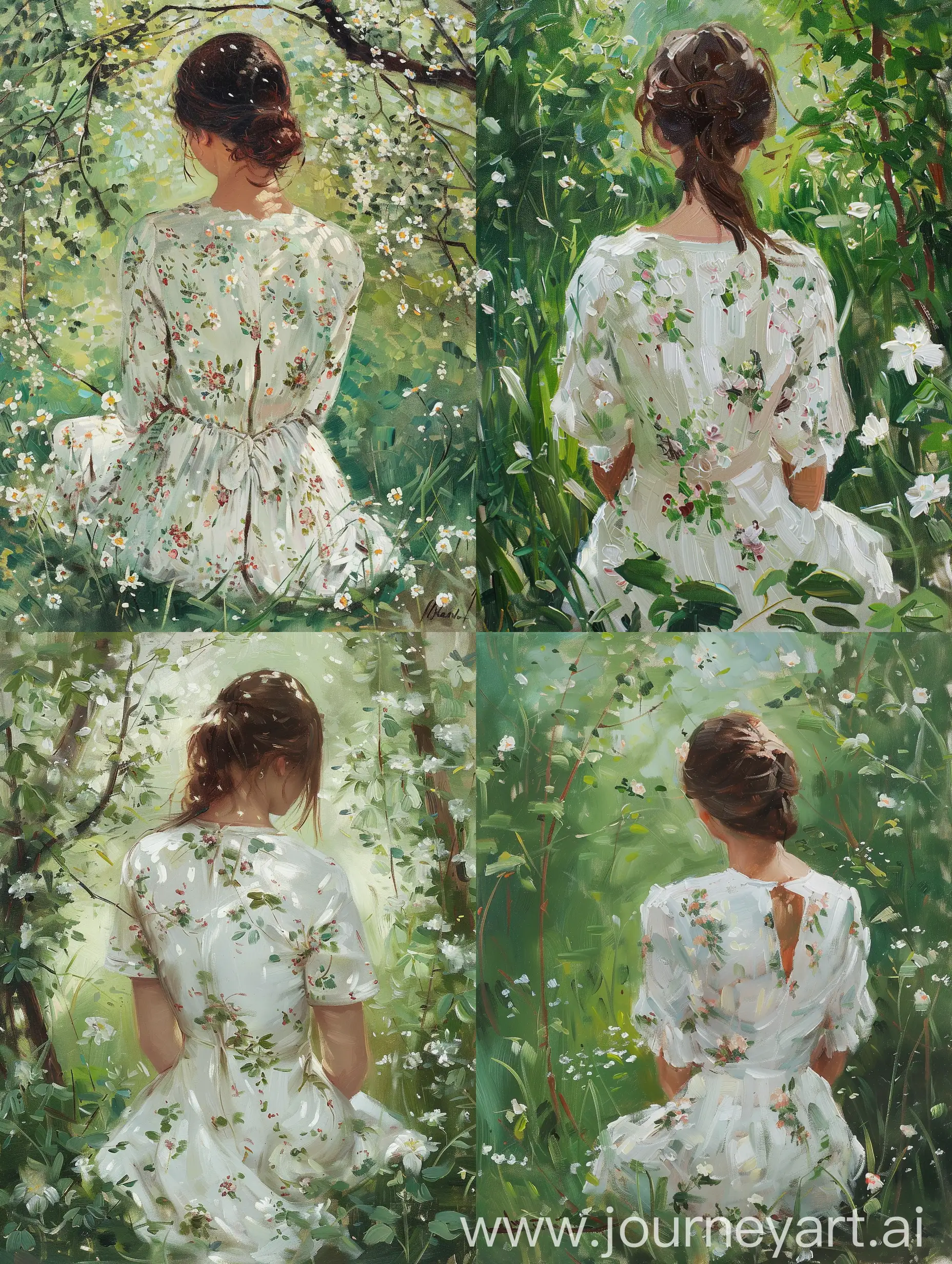 Impressionism painting of a British woman wearing white floral dress sitting under Meadow in greenery and white Lil flowers vintage painting impressionism visible brush strokes portrait high resolution back view of lady standing in cool Breeze 