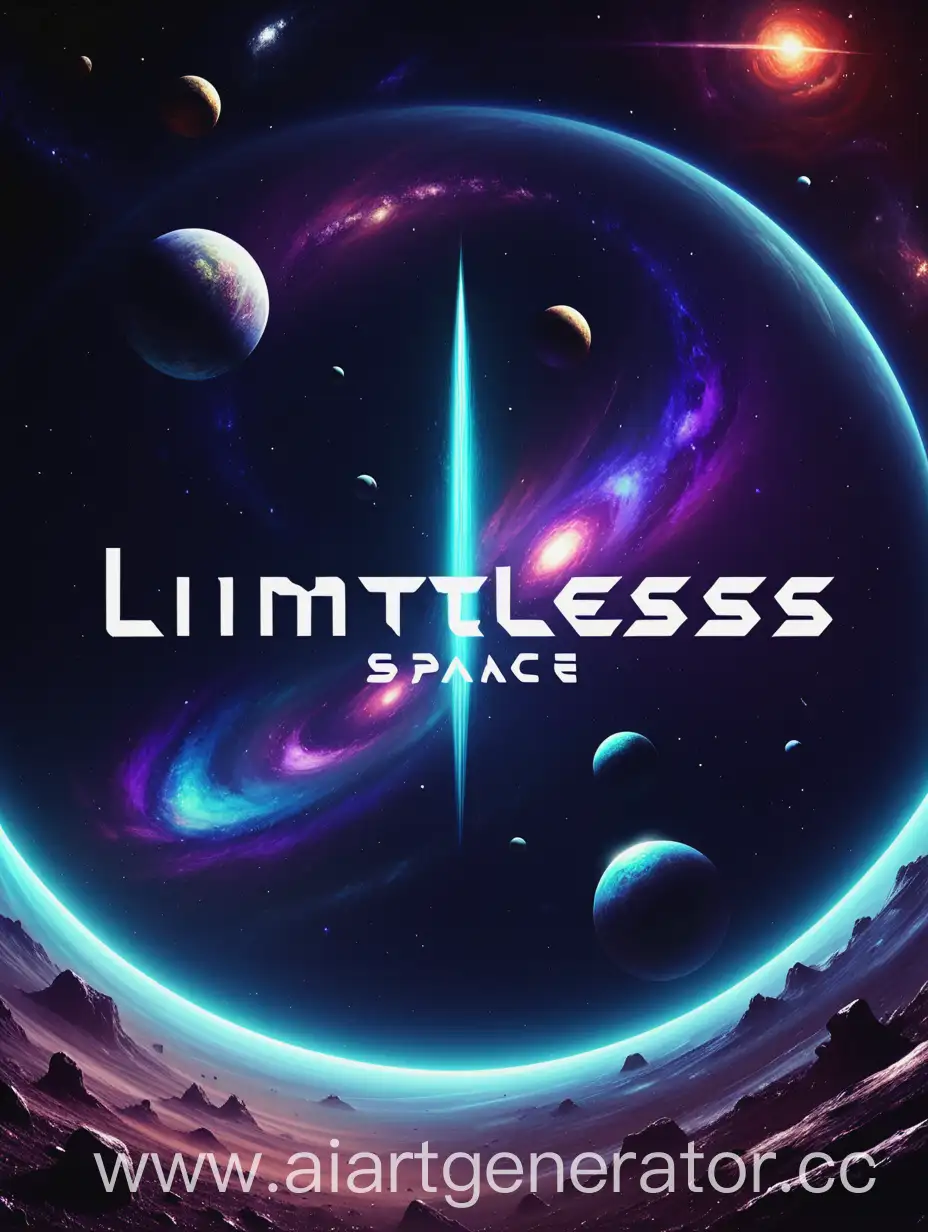 Limitless Space RPG. Space world. Galaxy. Screensaver. Future. Stylized inscription "Limitless Space".