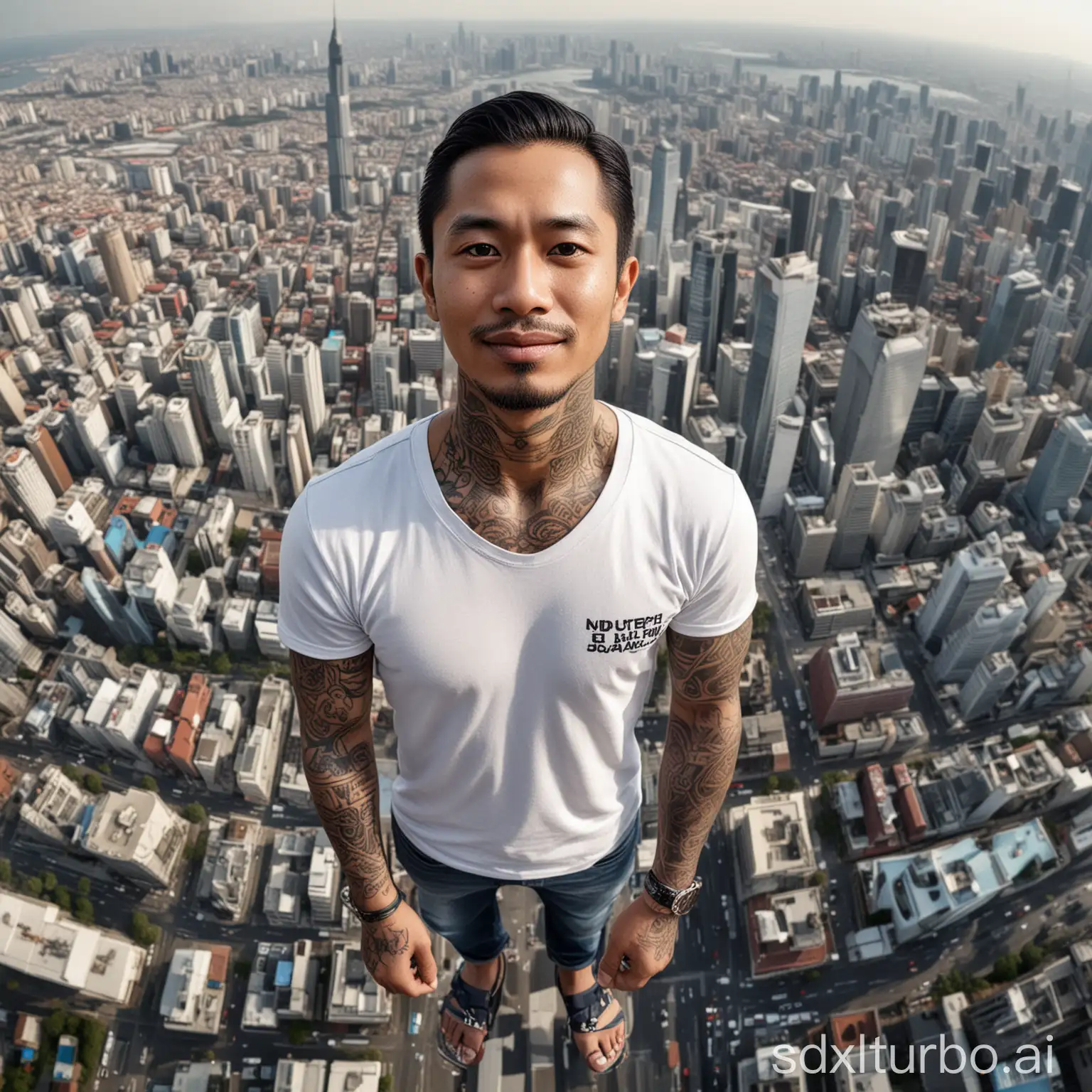  Created a hyperrealistic 4D caricature of a 35-year-old Indonesian man, long straight hair, clean face, fully tattooed arms up to his neck, wearing a white t-shirt with the text "DUGEM", short jeans, flip-flops, standing on top of the tallest building while holding the cameraman's hand. Beautiful city background, shot from above with full-frame fisheye. (No translation needed as input is in English)