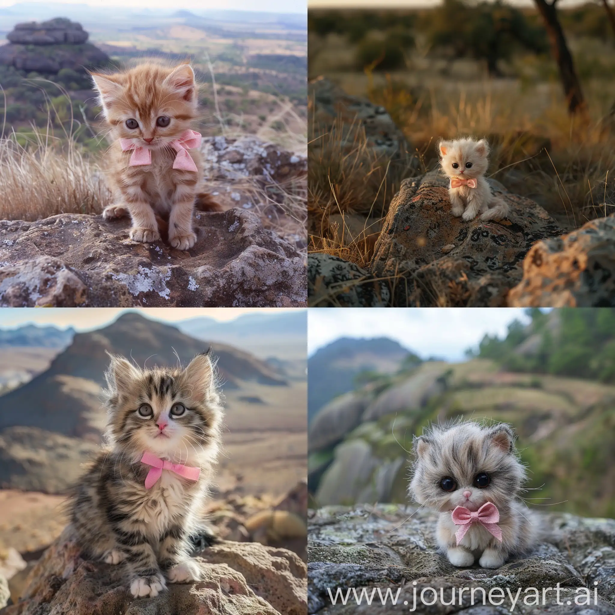 I use the Prompt "cute little cuddly chibi kitten on the big royal rock in africa, behind the cat is a lot of land, with pink bow around the neck, long hair, pink nose, 55mm, f1/8" generate a few pictures and blend it together with full stylization