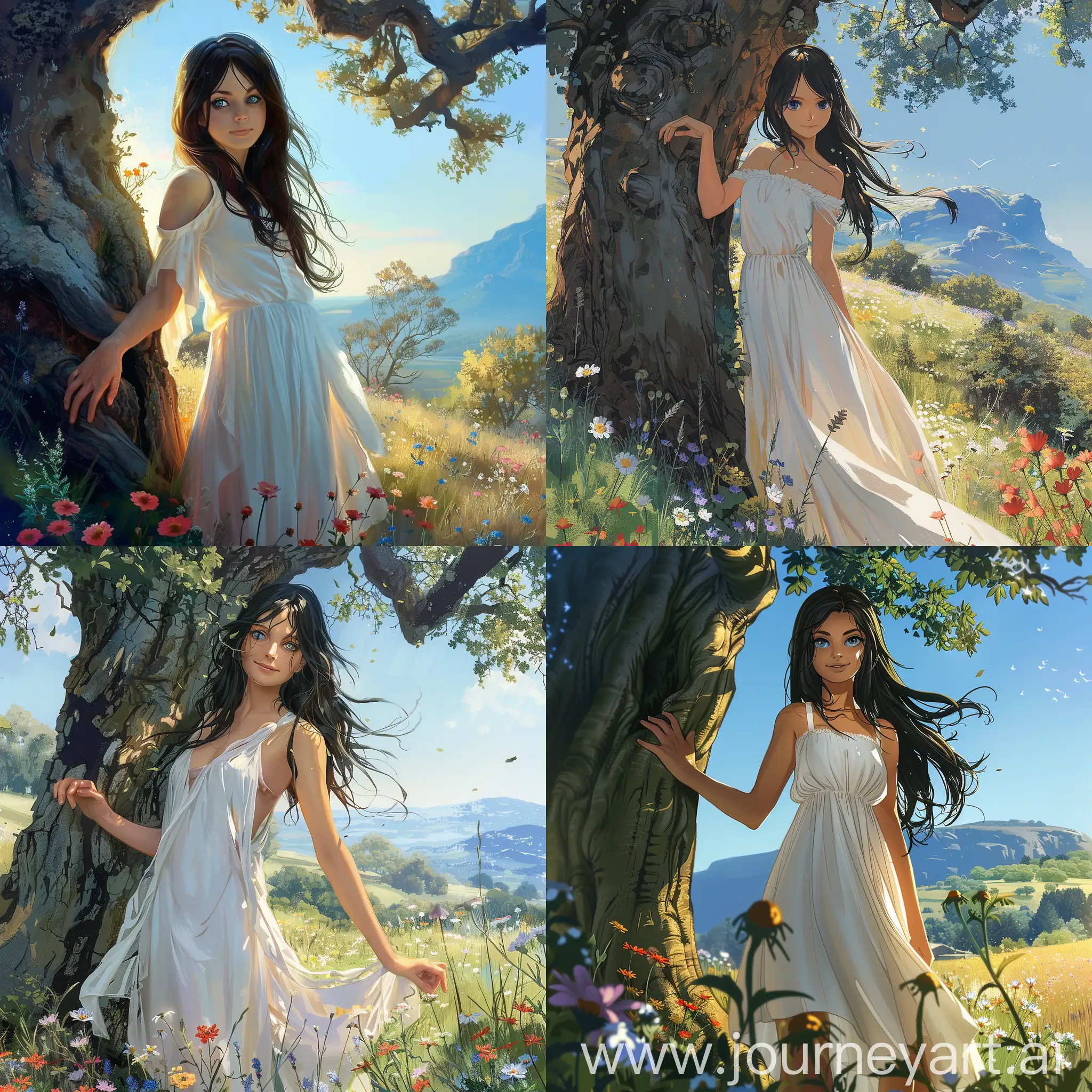 Setting: The girl stands at the edge of a sun-drenched meadow, wildflowers blooming at her feet. A gentle breeze rustles through her hair.

Appearance: She’s wearing a flowing white dress, the fabric catching the sunlight and making it seem like she’s bathed in a golden glow. Her hair is long and dark, cascading down her back like a waterfall. Her eyes are a deep, captivating blue, and her smile is warm and inviting.

Details: Her hand rests lightly on the trunk of an ancient oak tree, its gnarled bark a testament to the passage of time. In the distance, a mountain range rises up against a clear blue sky, its peaks touched with a hint of snow. The air is filled with the scent of wildflowers and the sound of birdsong.

Mood: The overall mood is one of serene beauty and quiet strength. The girl appears both fragile and powerful, a delicate blossom with an unyielding spirit.