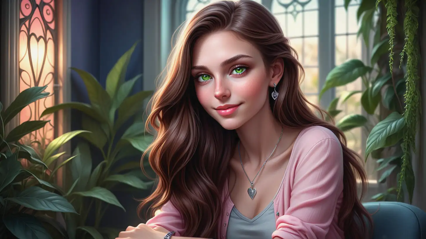 Highly detailed, fantasy style image, with vibrant colors and dramatic, soft lighting. A 25-year-old woman, is 5 feet 6 inches tall with a fair complexion. She has long, straight chestnut brown hair that reaches her mid-back, and soft grey green eyes. Her face is heart-shaped with high cheekbones, a small nose, and full lips. She is wearing a pastel pink blouse, dark blue skinny jeans, and white sneakers. She has a silver bracelet on her right wrist and a simple silver pendant necklace, sitting in a cozy, serene room with soft lighting and plants around, smiling warmly at the camera.