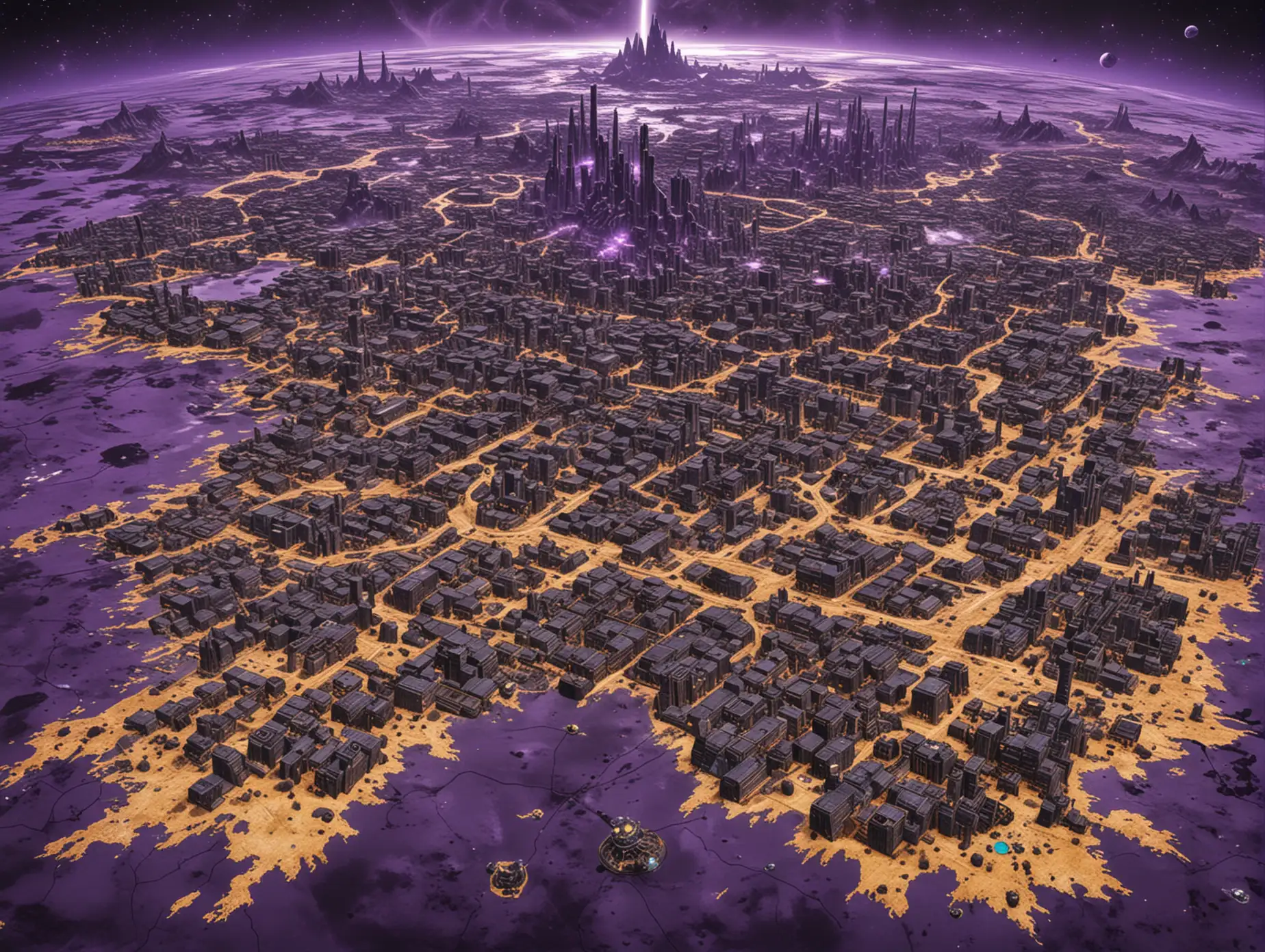 A Very huge abadoned Black-purple Planet's huge map. The map's from the top.
The map's majority is abadoned and extinct, but some (5) abadoned factories, buildings, ore and gold sites can be found on the map.