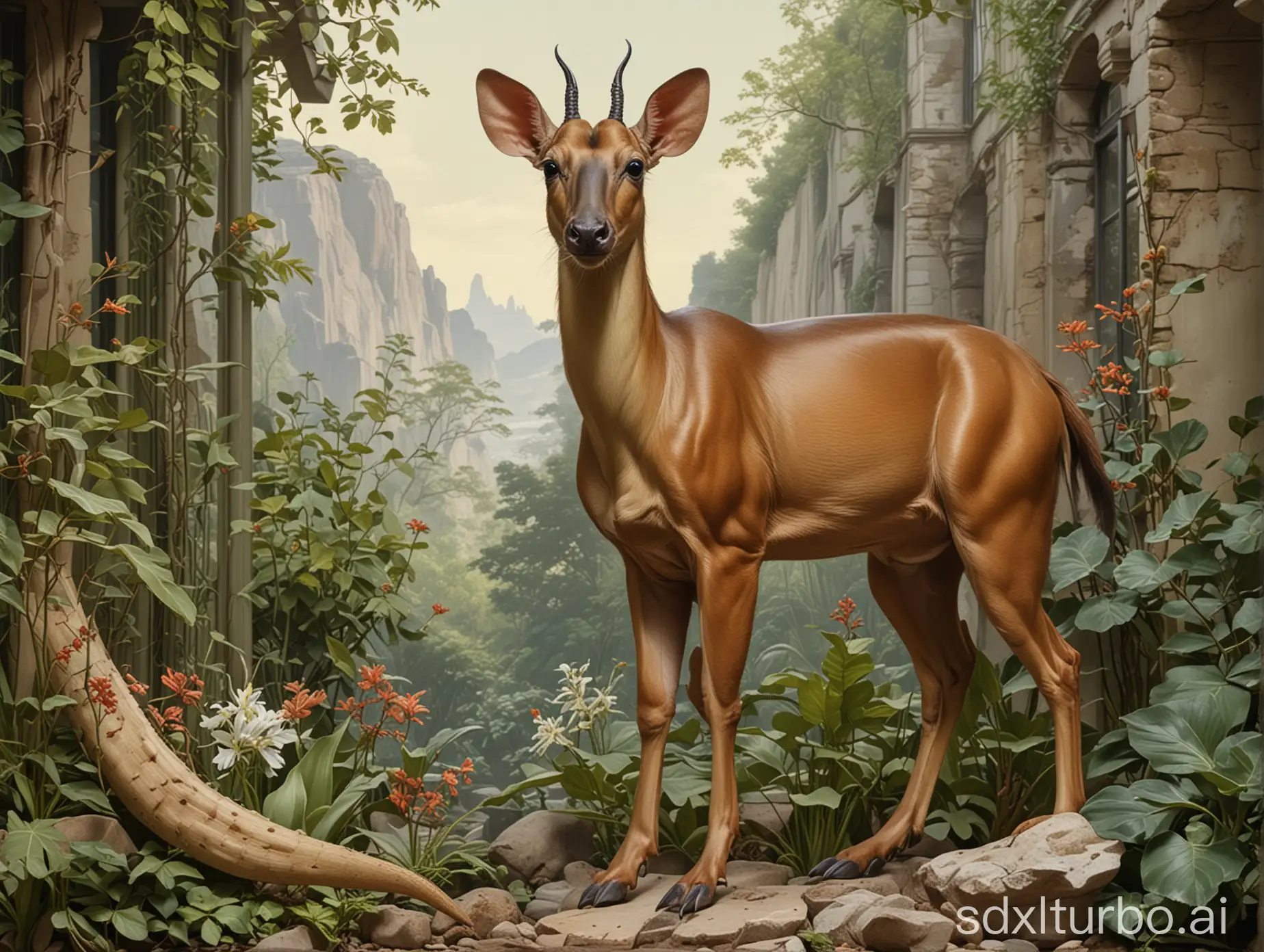 A full body shot of a hybrid creature: anatomy of a muntjac with body skin of a lizard, with a background of a rocky glasshouse garden, in the style of painting by Leyendecker.
