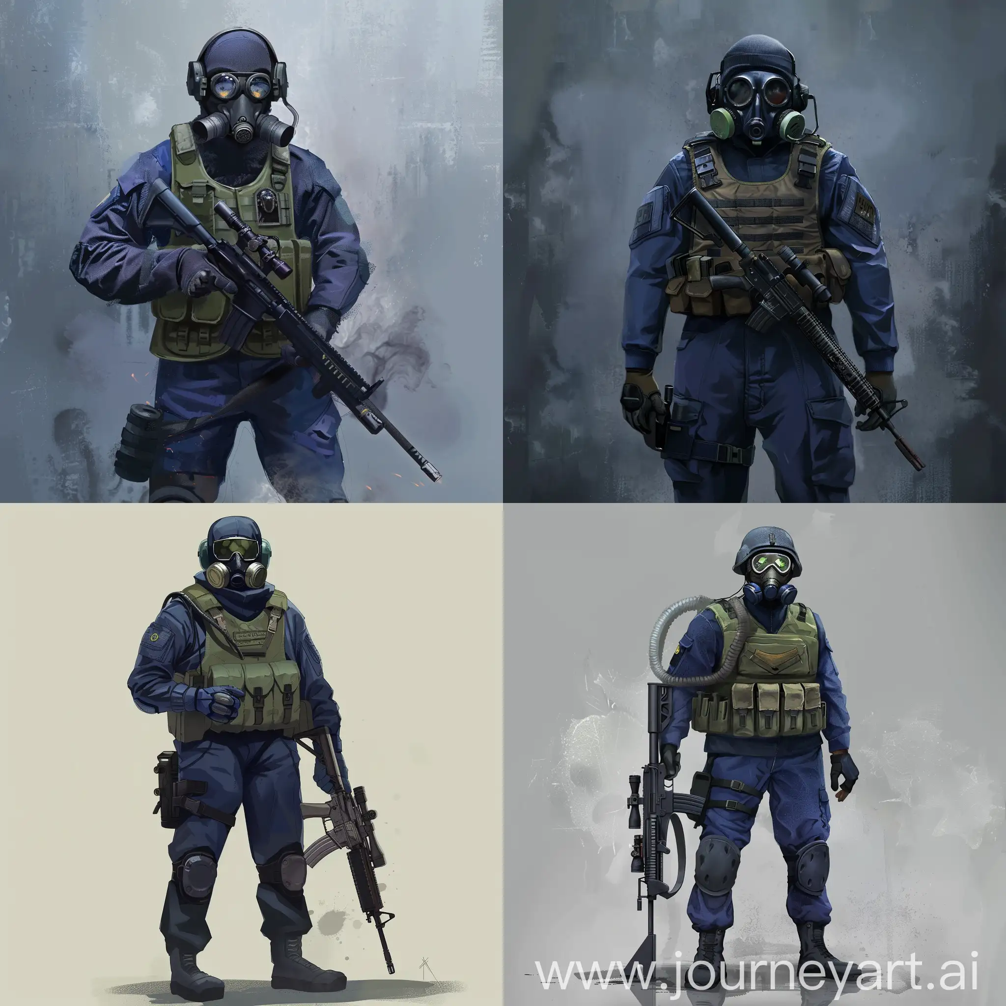 Concept art character, gasmask, military vest, dark blue military jumpsuit, sniper rifle in the hands.