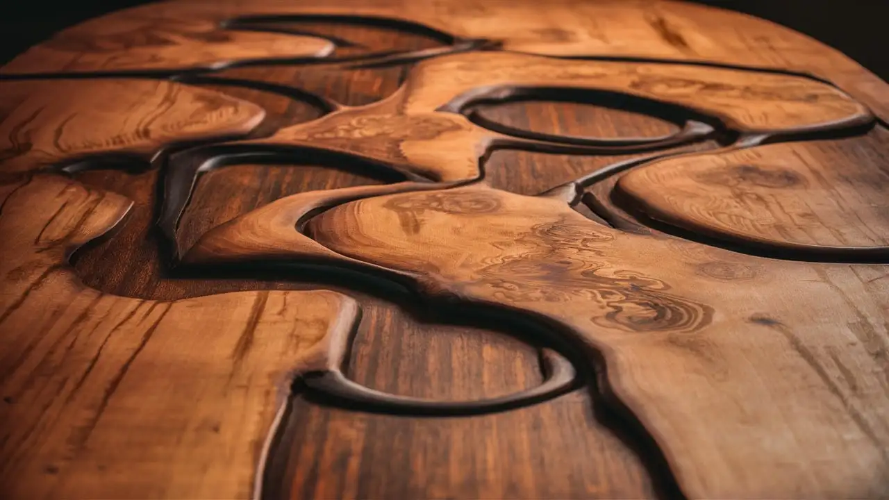 wooden table top with organic swirls and artistic patterns in laid