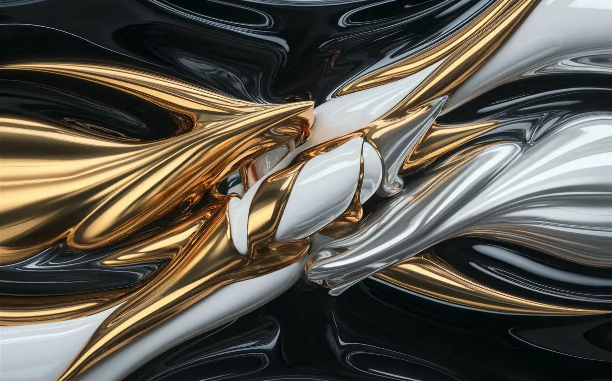 Abstract-Liquid-Metal-Art-Gold-White-and-Silver-on-Black-Background