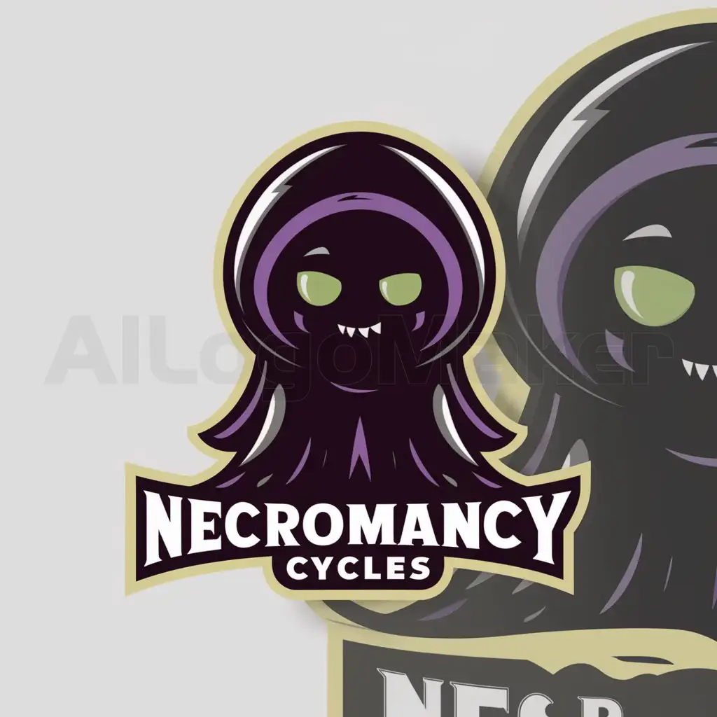 a logo design,with the text "Necromancy Cycles", main symbol:Black and purple cloaked necromancer glowing green eyes no face but mischievous and cute,Moderate,be used in Automotive industry,clear background