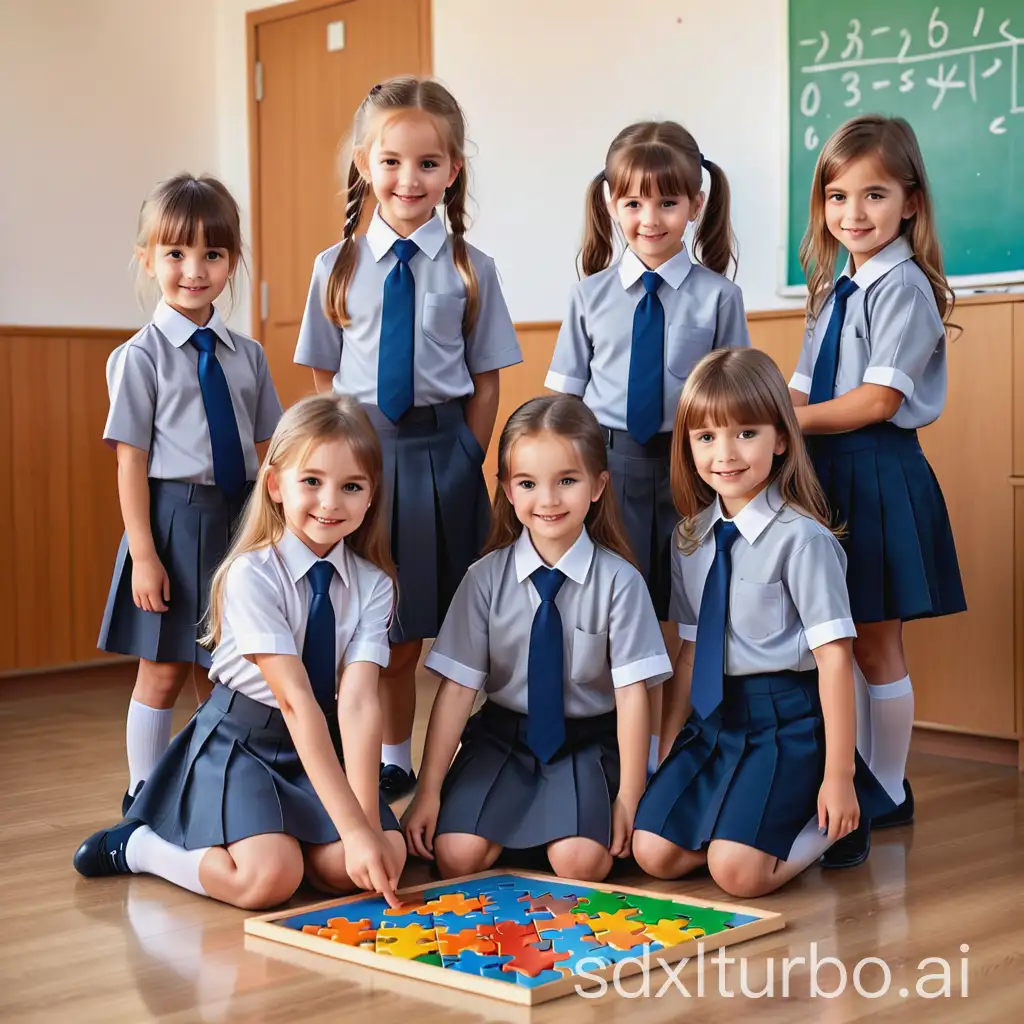 a group of very beautiful 7 years old little kids, wearing grey suit with dark blue tie, dark blue skirt or pants uniform, in a corner of a primary school, they are happy, smile, playing puzzle game on floor.