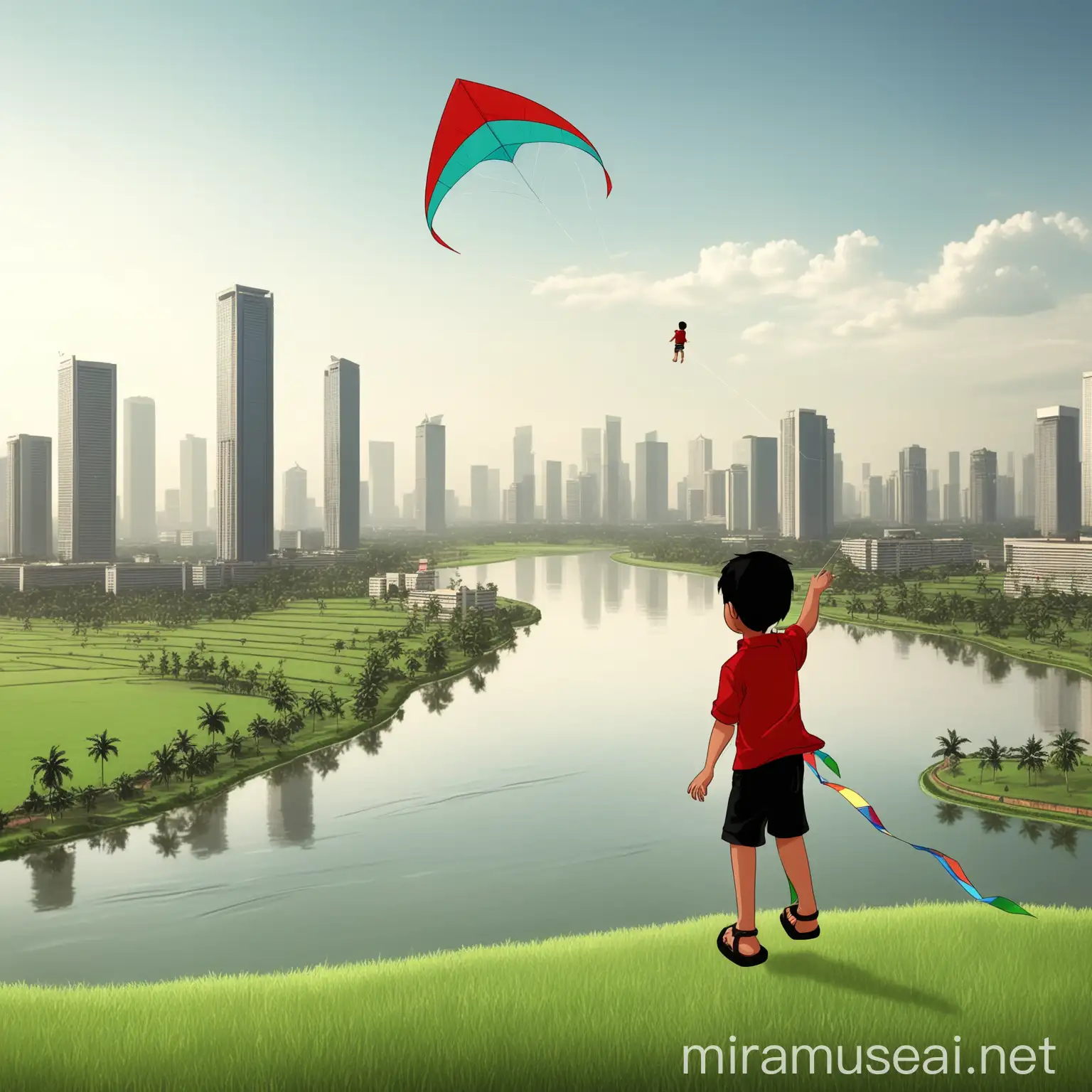 animated little boy fly a kite outside a large field with views of skyscrapers and beautiful, rippling rivers in Jakarta, Indonesia. wearing a red shirt and black shorts and sandals.