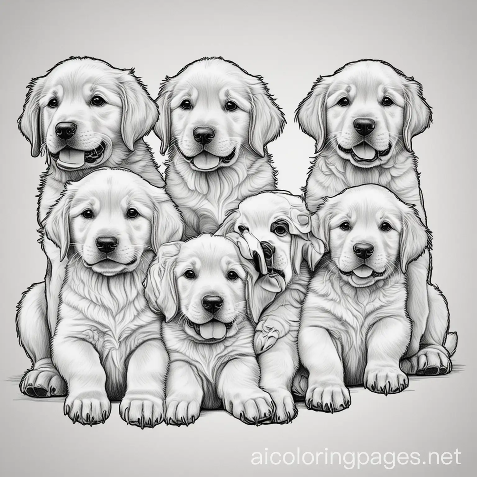 5 golden retriever puppies coloring page, Coloring Page, black and white, line art, white background, Simplicity, Ample White Space. The background of the coloring page is plain white to make it easy for young children to color within the lines. The outlines of all the subjects are easy to distinguish, making it simple for kids to color without too much difficulty