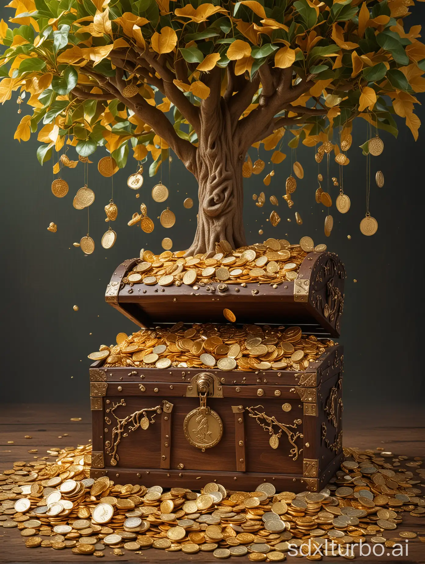 a very large treasure chest full of gold coins and jewels, a tree in the middle covered with gold coins and golden nuggets, a golden toad underneath the money tree spitting out gold coins
