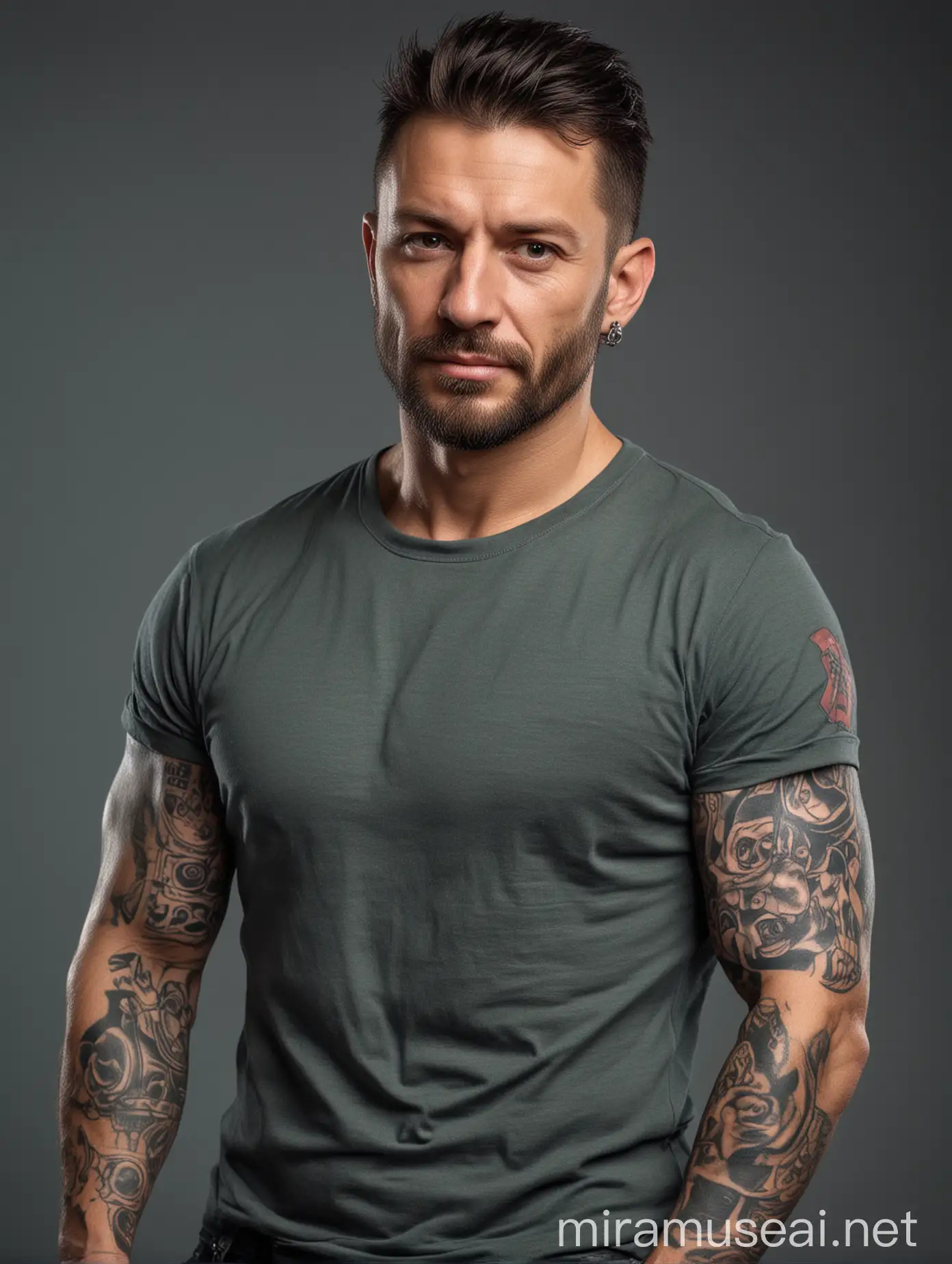 Strong Masculine Man with Tattoos and Casual Attire