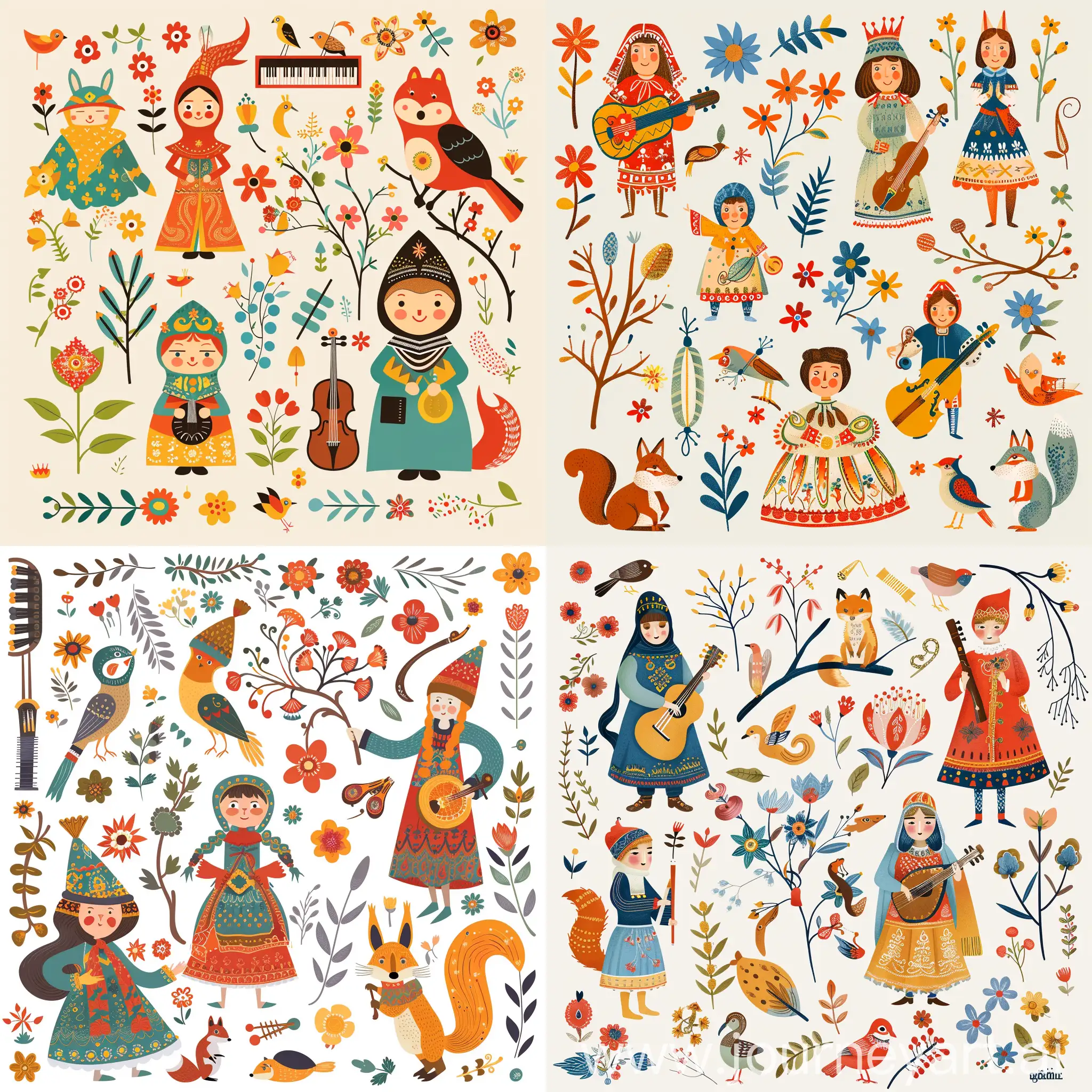 векторные флэт персонажи в славянских костюмах, цветы, веточки, птички, белочки, лисицы, музыкальные инструменты