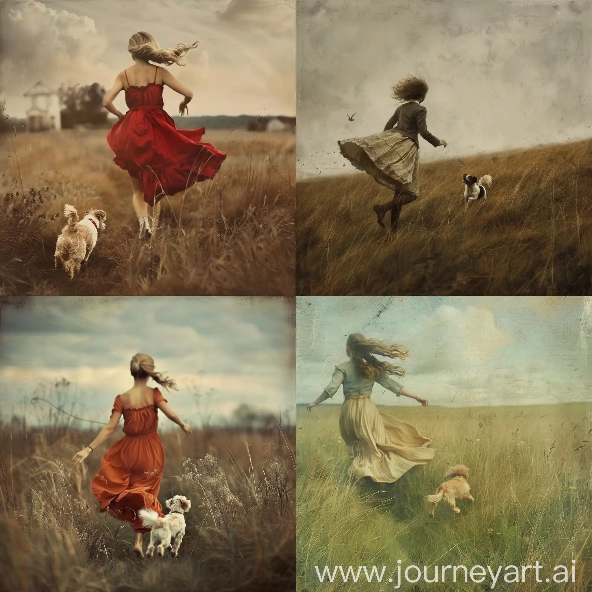 mujer y perrita corriendo huyendo por un campo
