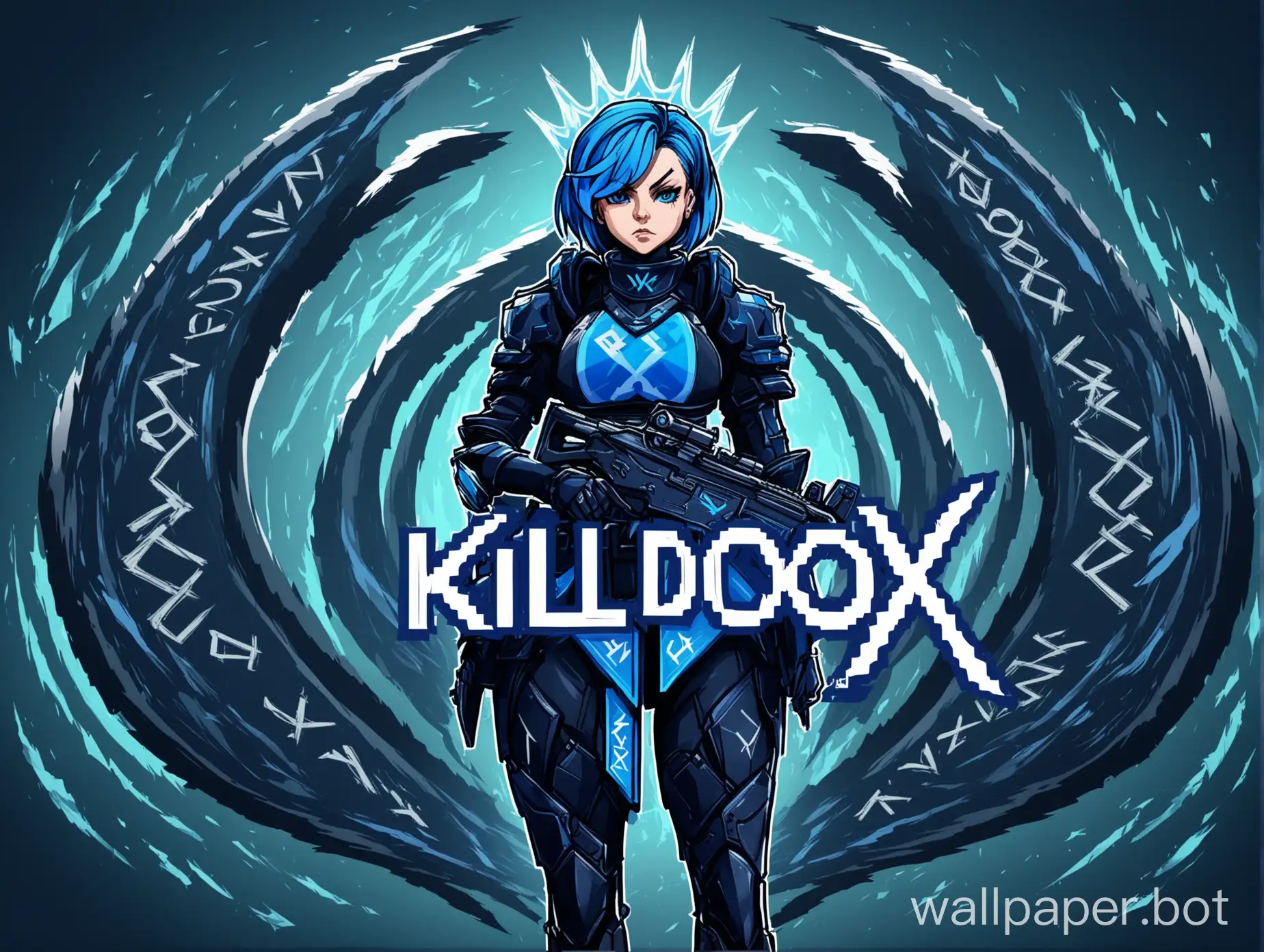 In the middle of the curves, the nickname kill.dox is written in large letters. With Zadie, a character from the game Valorant Reina. The colors are blue and black