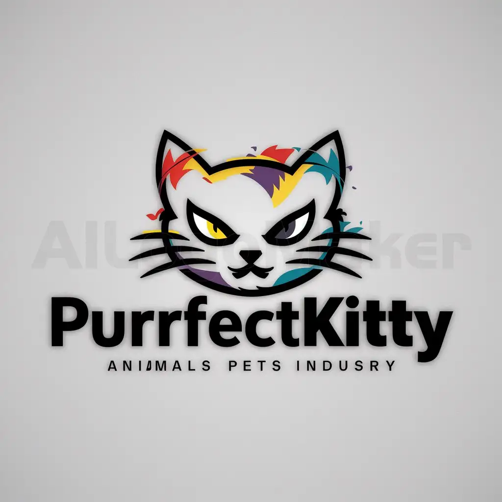 a logo design,with the text "PurrfectKitty", main symbol:I want a logo, modern, innovative, minimalist, with aggressive touches, very colorful and crazy,Moderate,be used in Animals Pets industry,clear background