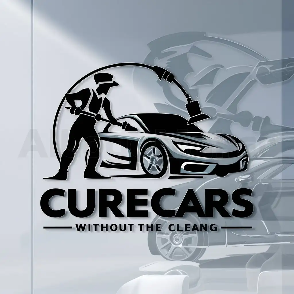 a logo design,with the text "curecars", main symbol:a person who is cleaning car without water,Moderate,be used in car industry,clear background