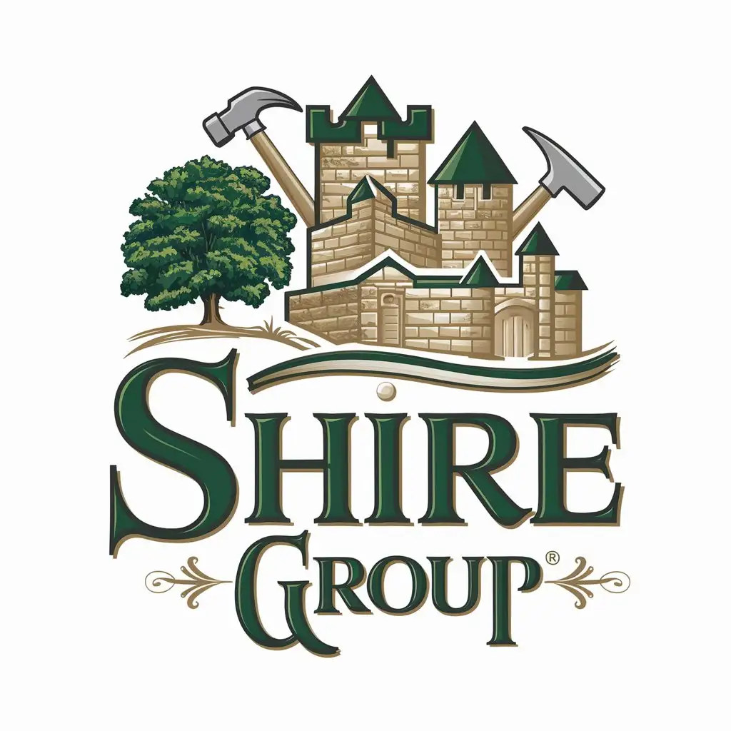 a logo design,with the text "Shire Group", main symbol:a logo design,with the text 'Shire Group', main symbol: Create a logo for my company called 'Shire Group'. The style should be traditional, with a color palette that includes green. It could be only green or green with other colors. Shire Group is a construction and real estate development company specializing in traditional stone construction homes and development of agricultural neighborhoods. Our homes are natural, built in a traditional style, and connected to the outdoors, durable, and oriented to community interaction. The people who buy our homes value living in community, participating in the production of food, enjoy homesteading, appreciate historical architectural styles, and enjoy the outdoors. Many of the people interested in our homes are religious and appreciate the religious art in our neighborhoods. Some symbols that we connect with our brand: castle, tower, shield, tree, livestock, market, medieval or renaissance fonts and styles, fantasy fiction stories, hammer, chisel.,complex,be used in construction and real estate development company industry,clear background