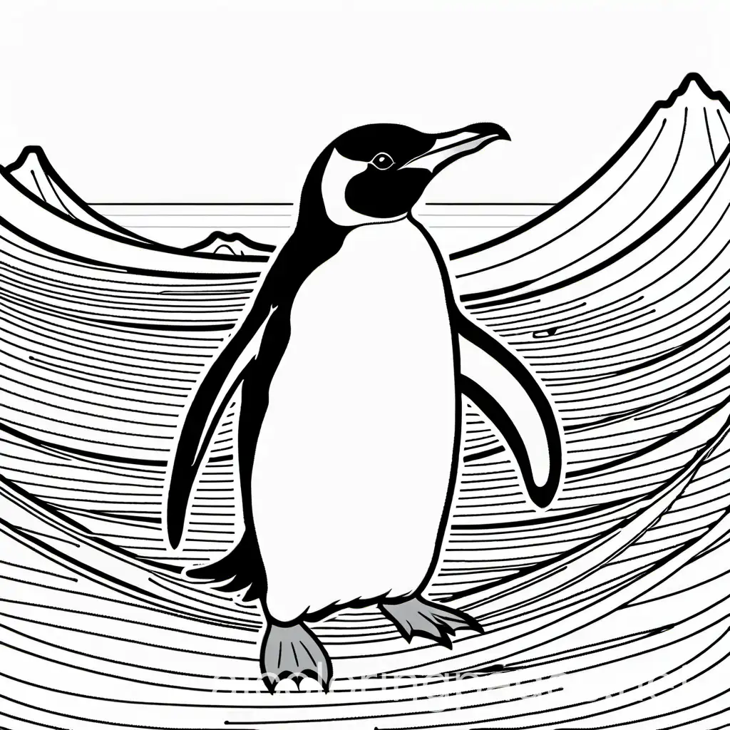 Penguin in the Antarctic, style of coloring book, vector lines, black and white, detailed line work, fill frame, edge to edge, clip art white background, no shading.n,nColoring Page, black and white, line art, white background, Simplicity, Ample White Space. The background of the coloring page is plain white to make it easy for young children to color within the lines. The outlines of all the subjects are easy to distinguish, making it simple for kids to color without too much difficulty