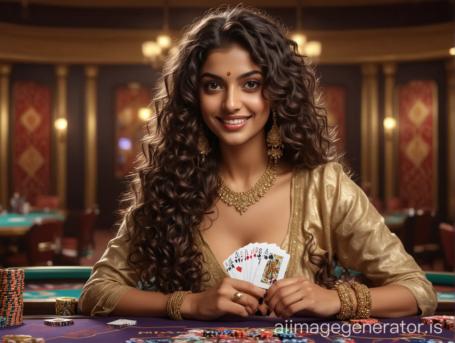 a stunning Indian beautiful model, with curly long hair, hair waves, black eyes, holding poker cards, a casino background, long golden nail, look up at the viewer, a lot of bracelets, smile, 4k, an photorealistic, casino environment