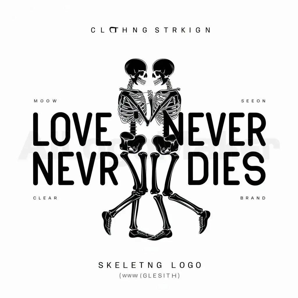 a logo design,with the text "Love never dies", main symbol:Two skeleton slow dancing,Moderate,be used in Clothing Brand industry,clear background
