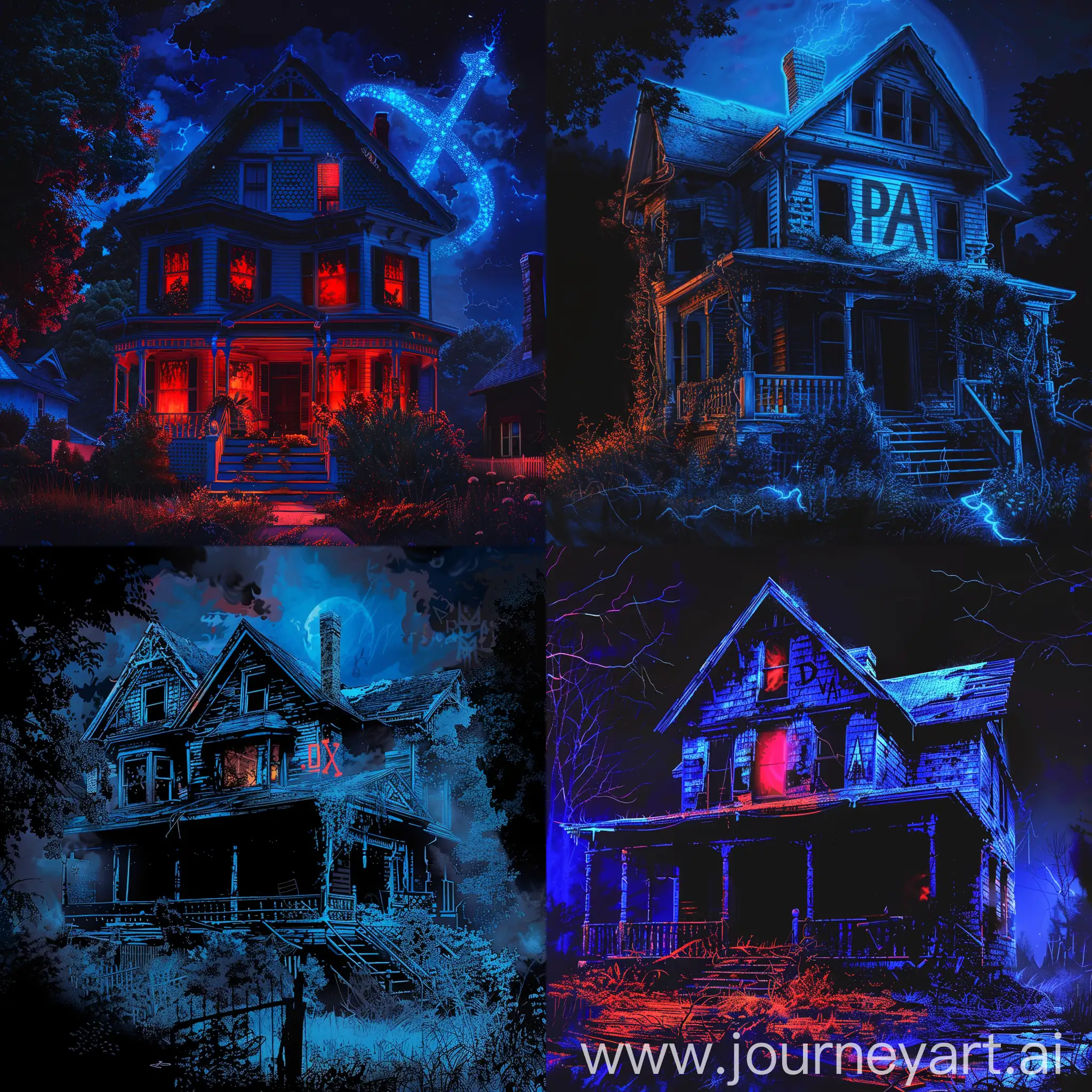 An ethereal dimly lit forgotten abandoned house. Moonbeams illuminate background , casting a silver glow of shimmering mist, Text " DNA" in bold movie poster style font , Black background , bright blues, deep reds, The background is black. Blacklight paint style. High resolution, Sharp focus, Hyper realistic, Art by Joseph Christian Leyendecker