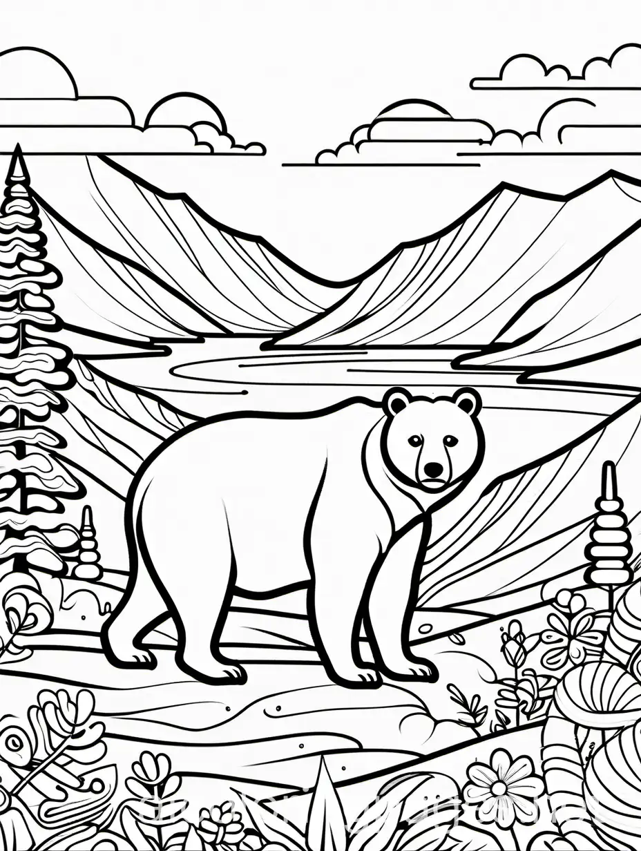 Black bear, coloring page, black and white, line art, white background, simplicity, ample white space. The background of the coloring page is plain white to make it easier for young children to color within the lines. The outlines of all the topics are easy to distinguish, making it easy for children to color without them, Coloring Page, black and white, line art, white background, Simplicity, Ample White Space. The background of the coloring page is plain white to make it easy for young children to color within the lines. The outlines of all the subjects are easy to distinguish, making it simple for kids to color without too much difficulty