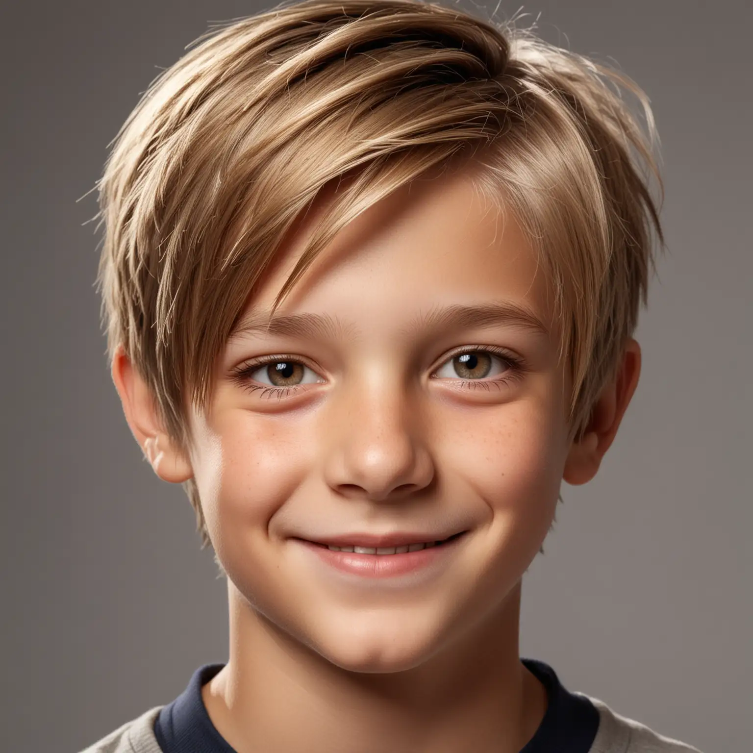 Hyper realistic, studio quality photo of  eleven year old boy with shiny hair, light brown hair cut, parted in the middle, headshot, grey eyes, view from side of face, sunlight, smile