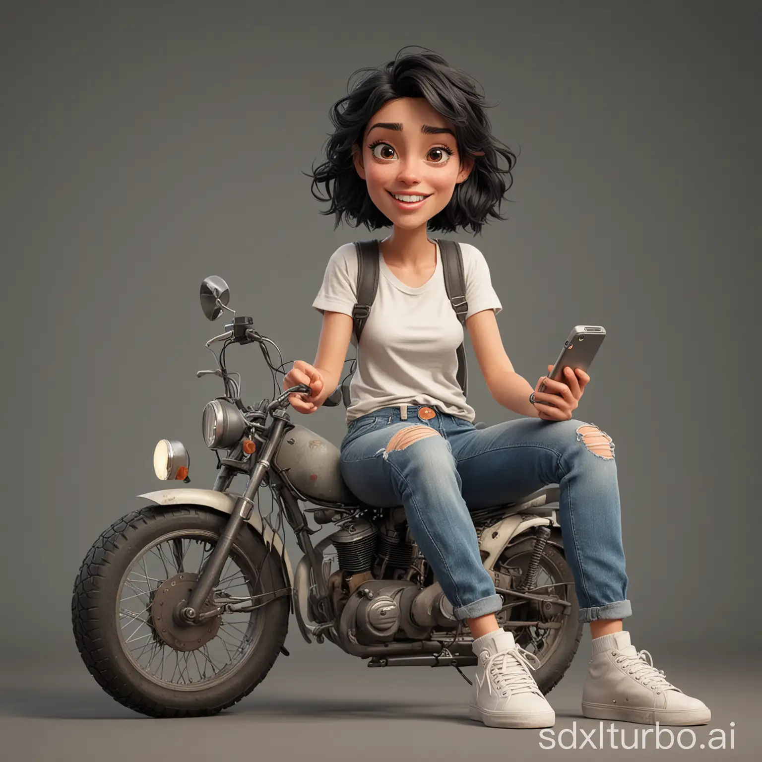 create a realistic 3D caricature Disney pixar style full body with a large head. A 30 year old woman with short, wavy black hair, sitting on a motorbike while playing on his cellphone. Wearing a white t-shirt covered with a cream colored shirt. wearing worn and torn gray jeans. wearing white sneakers with black socks. Sit with your legs apart, right hand plucking the strings, left hand pressing the scales. The background is workshop and contrast. improves the overall composition of the image. Use soft photographic lighting, dramatic overhead lighting, very high image quality, clear character details, UHD, 16k
