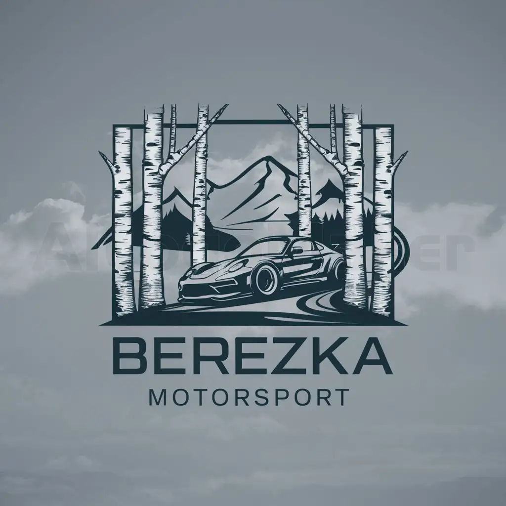 a logo design,with the text "Berezka Motorsport", main symbol:mountain road racing car in skid and birch trees,Moderate,clear background